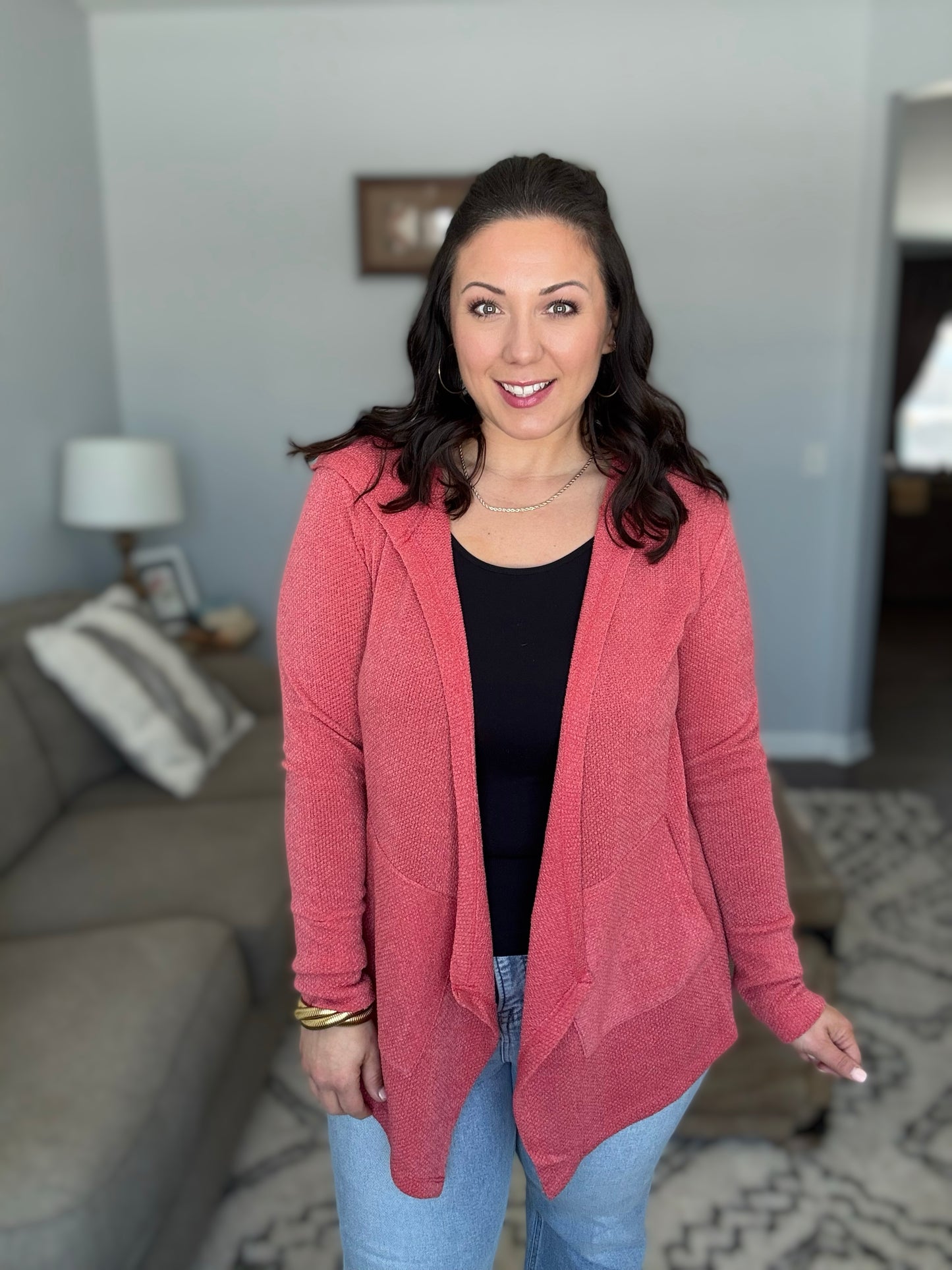 And The Why Thermal Hooded Open Front Cardigan with Pockets in Dark Rose