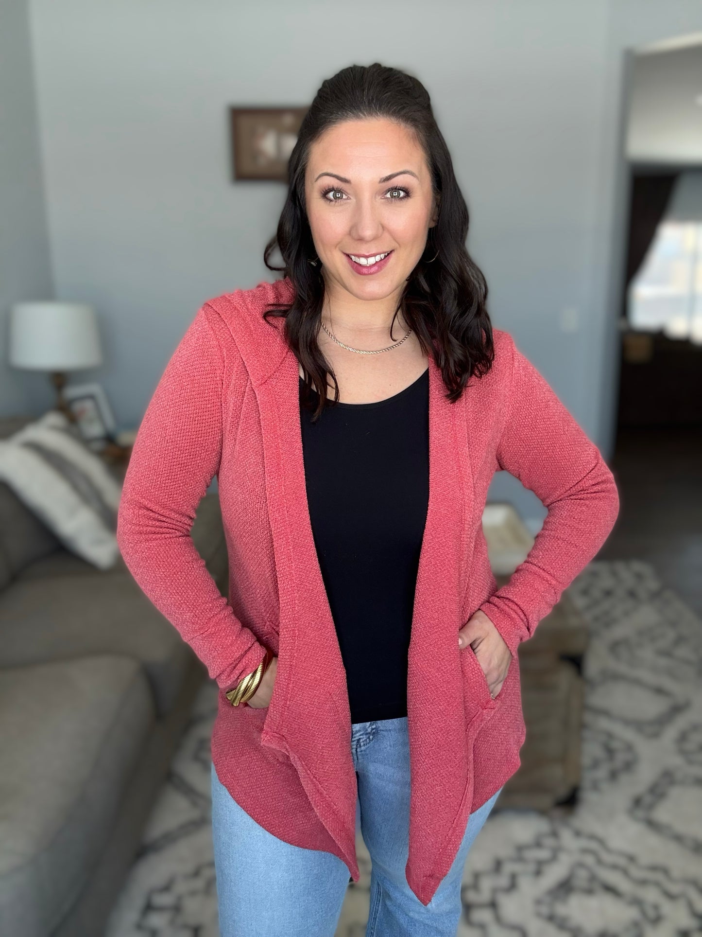 And The Why Thermal Hooded Open Front Cardigan with Pockets in Dark Rose