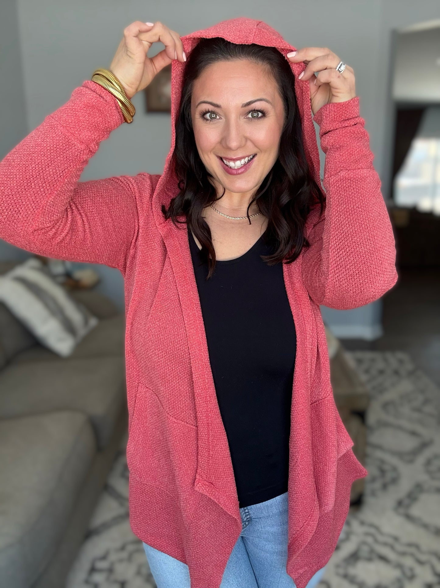And The Why Thermal Hooded Open Front Cardigan with Pockets in Dark Rose