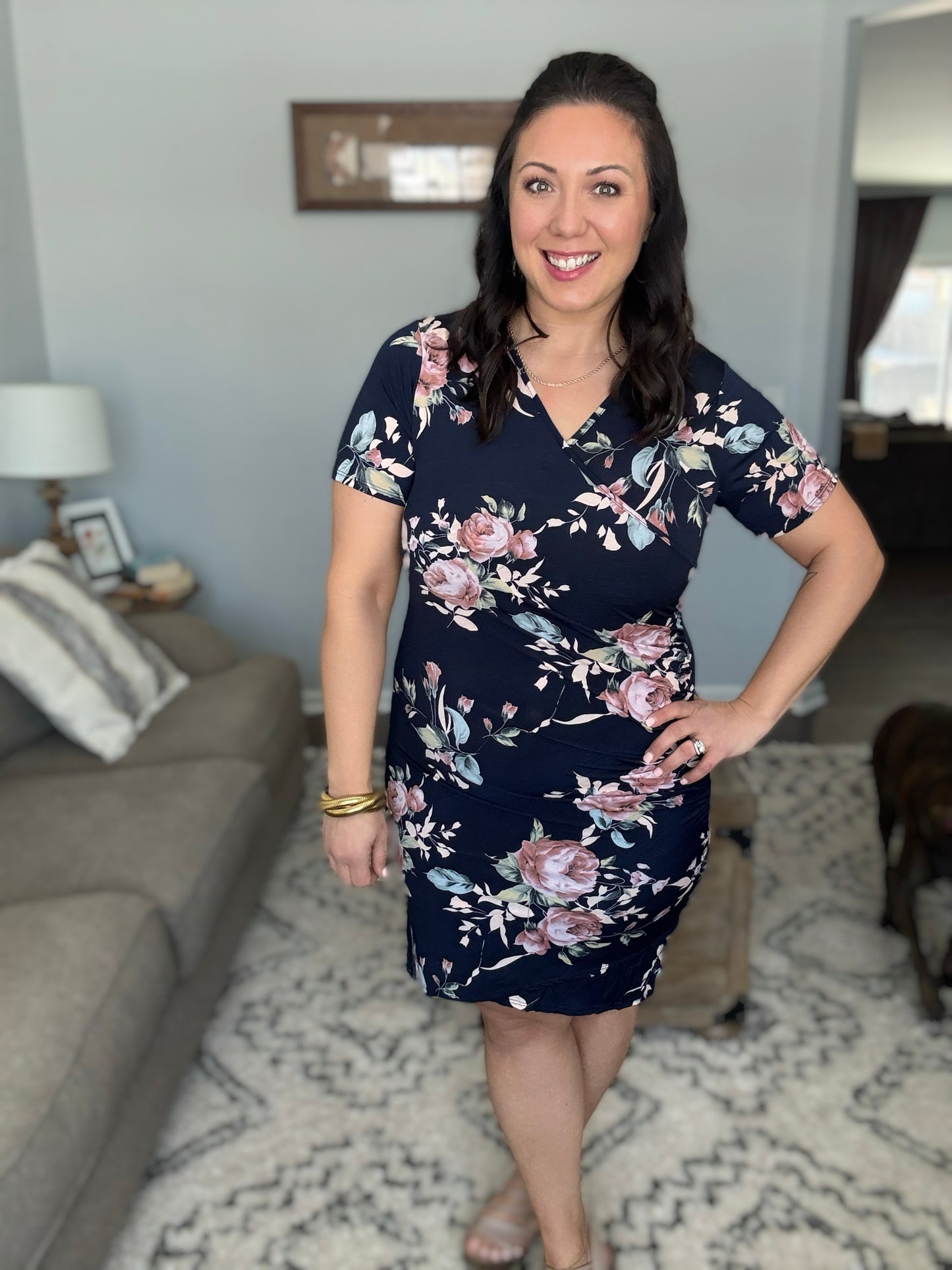 Heimish Ruched Surplice Mini Dress in Navy Floral
