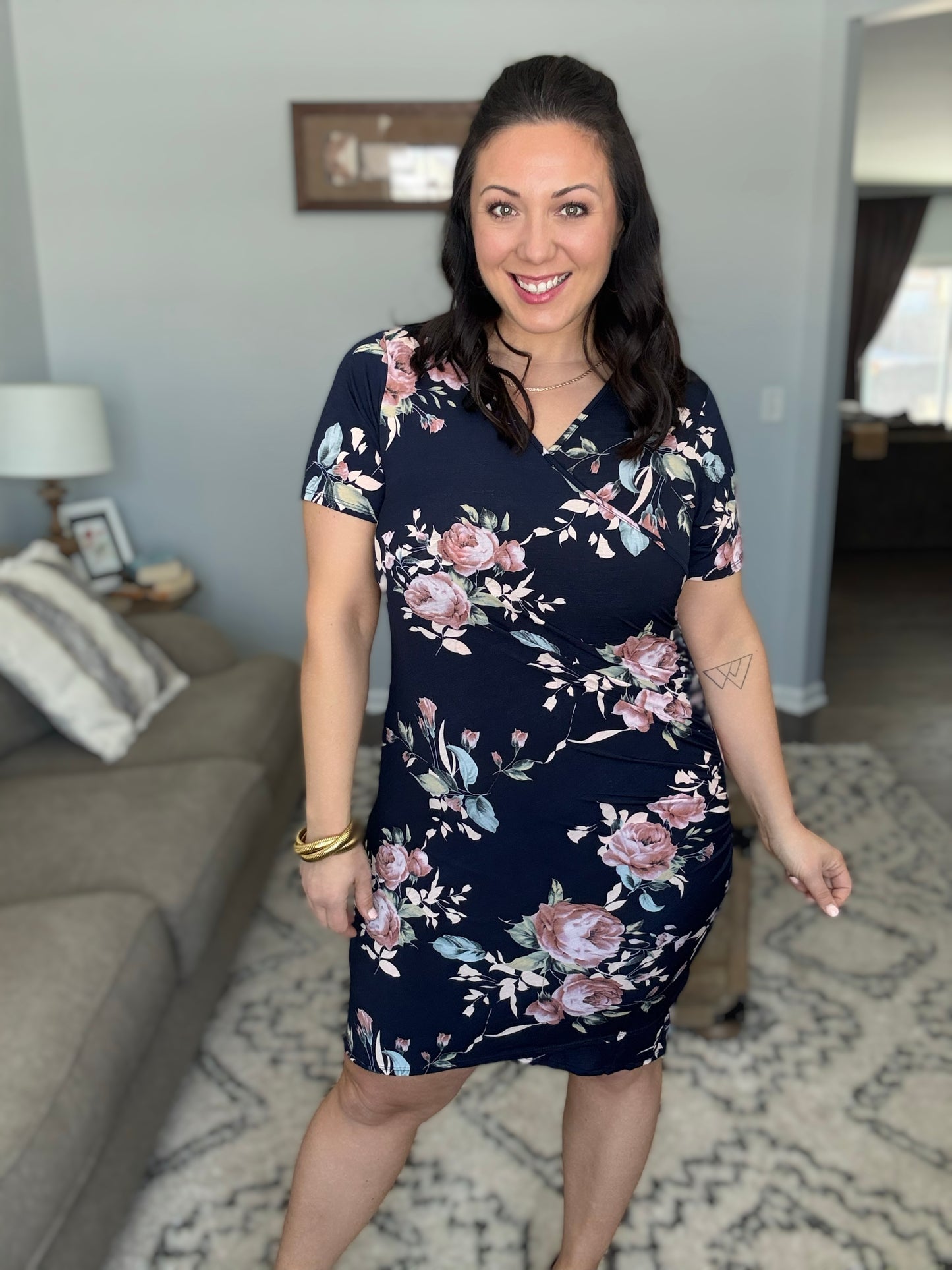 Heimish Ruched Surplice Mini Dress in Navy Floral