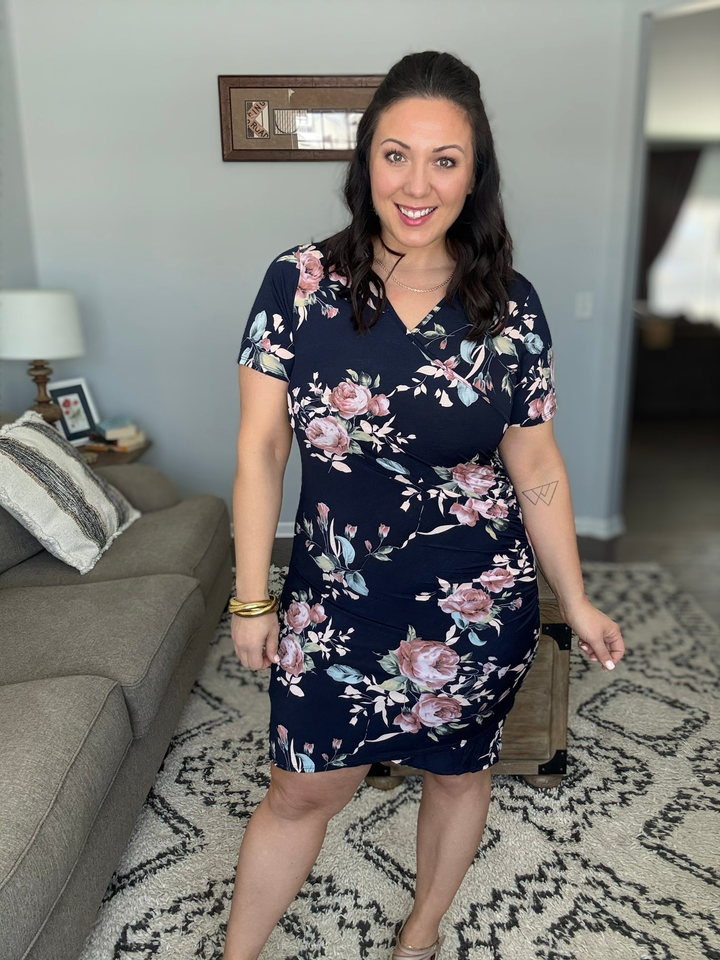 Heimish Ruched Surplice Mini Dress in Navy Floral