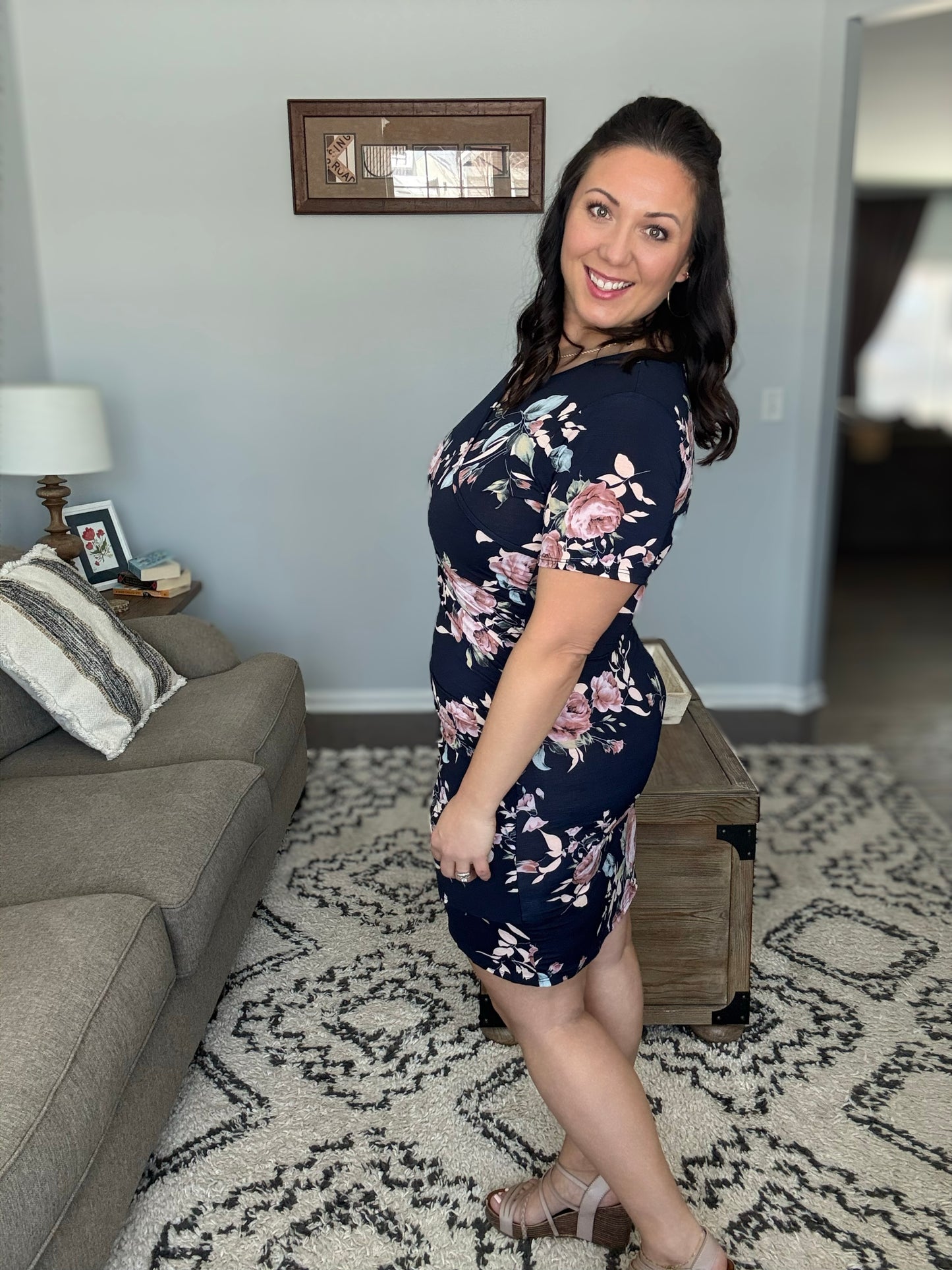 Heimish Ruched Surplice Mini Dress in Navy Floral