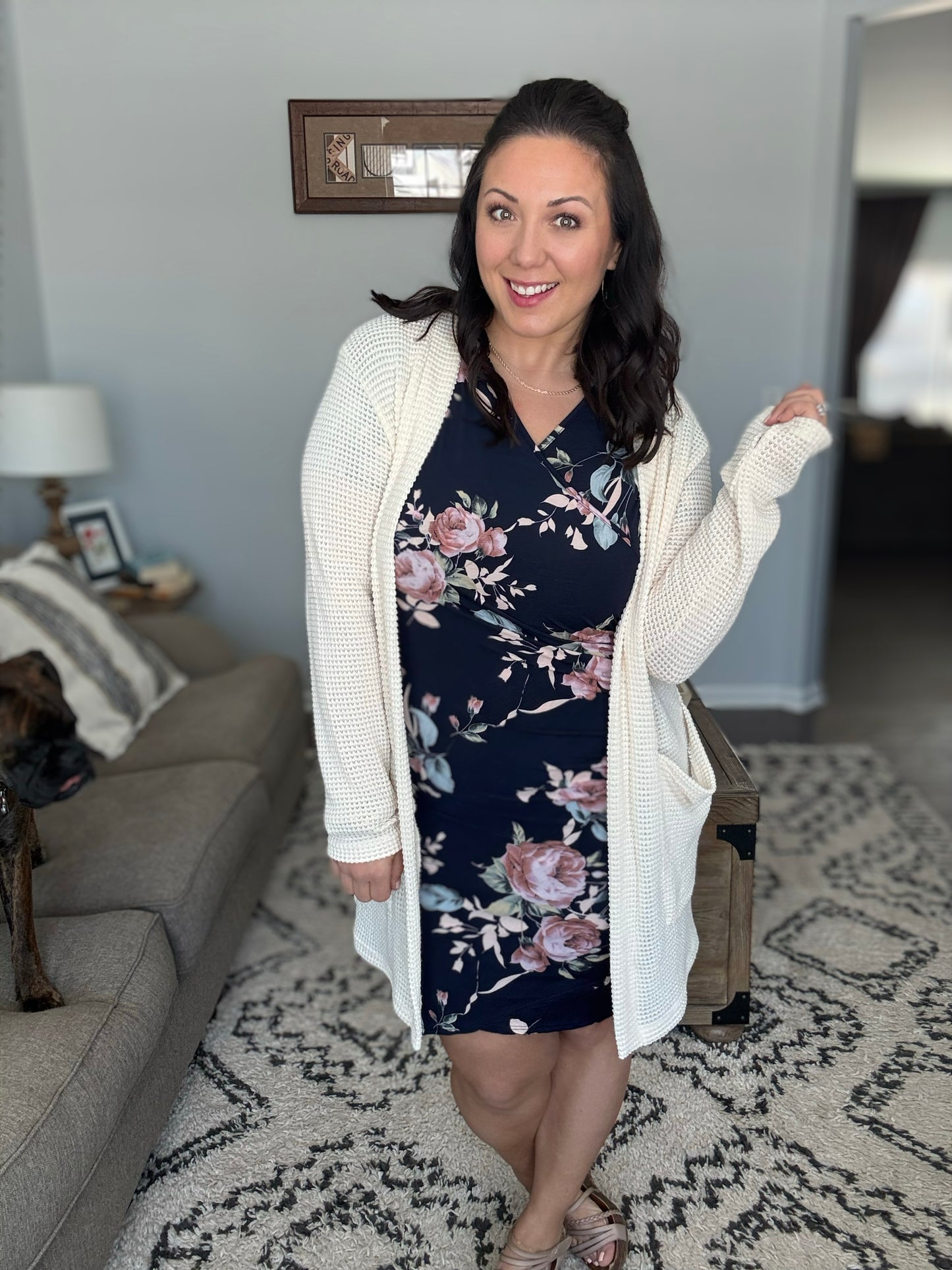 Heimish Ruched Surplice Mini Dress in Navy Floral