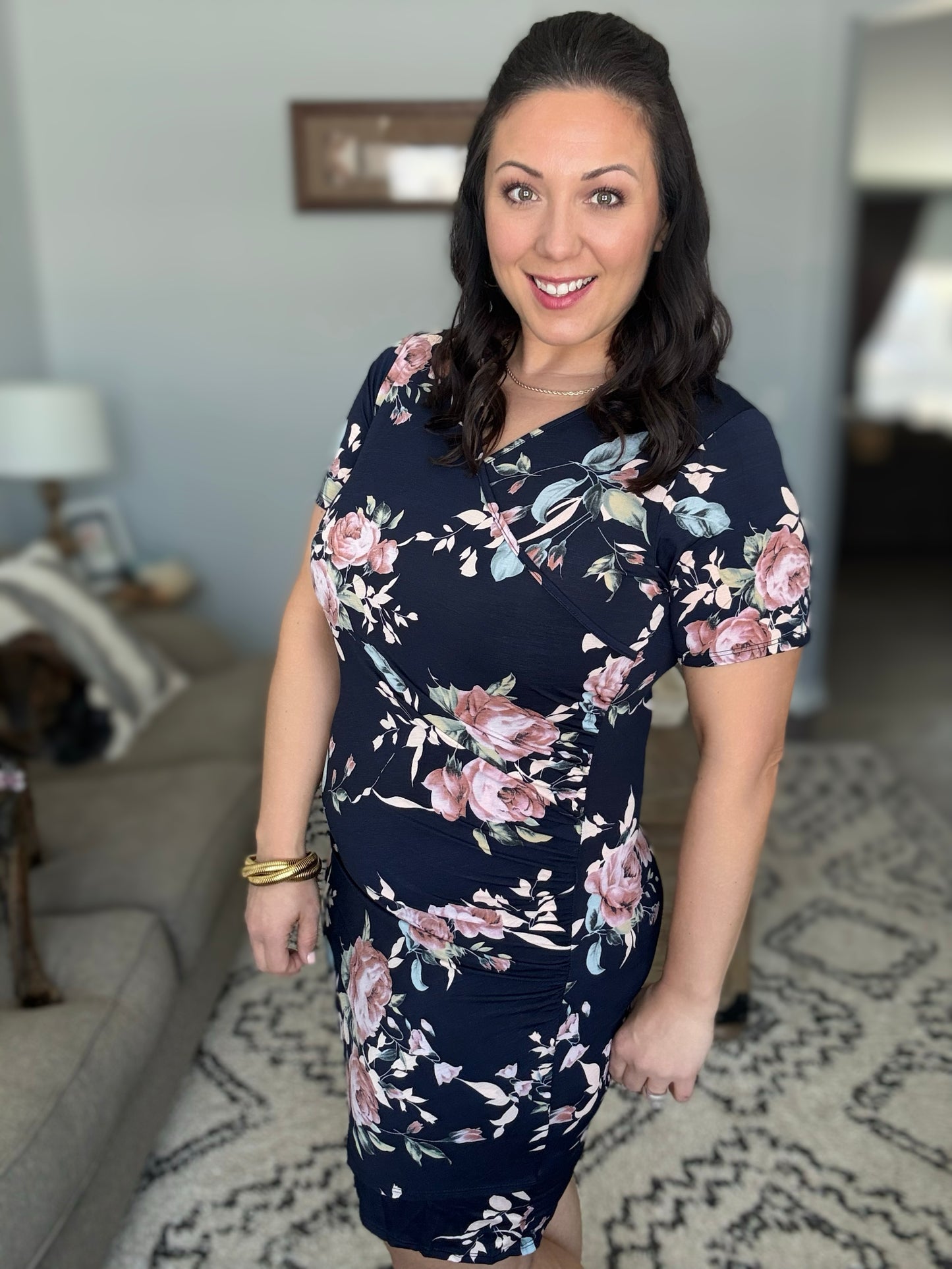 Heimish Ruched Surplice Mini Dress in Navy Floral
