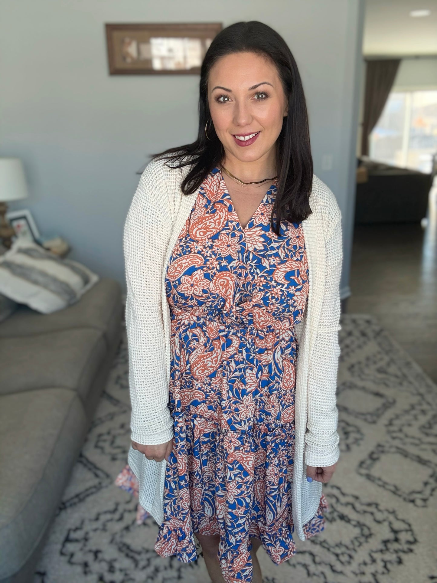 She + Sky Ruffled Hem Surplice Floral Mini Dress in Royal and Orange