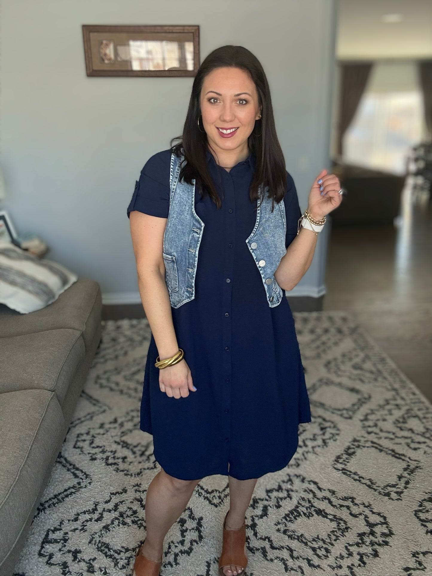 She + Sky Button Down Short Sleeve Woven Shirt Dress in Navy