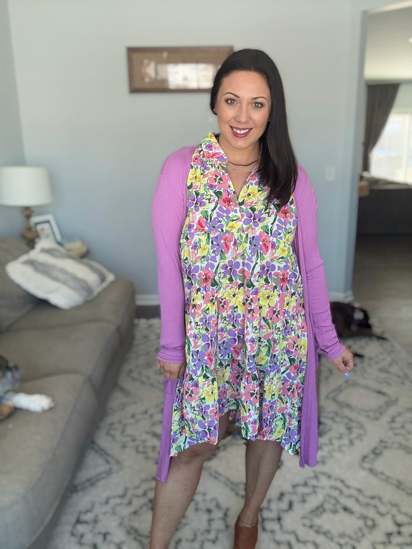 Umgee High-Lo Floral Sleeveless Tiered Dress in Violet Mix