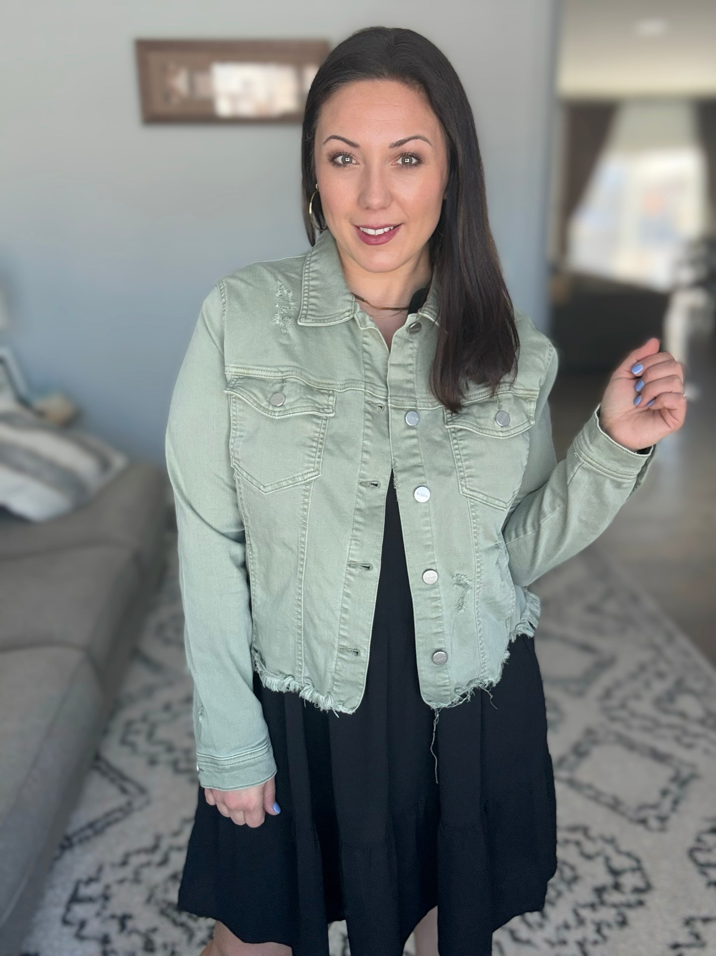 RISEN Raw Hem Cropped Distressed Denim Jacket in Sage