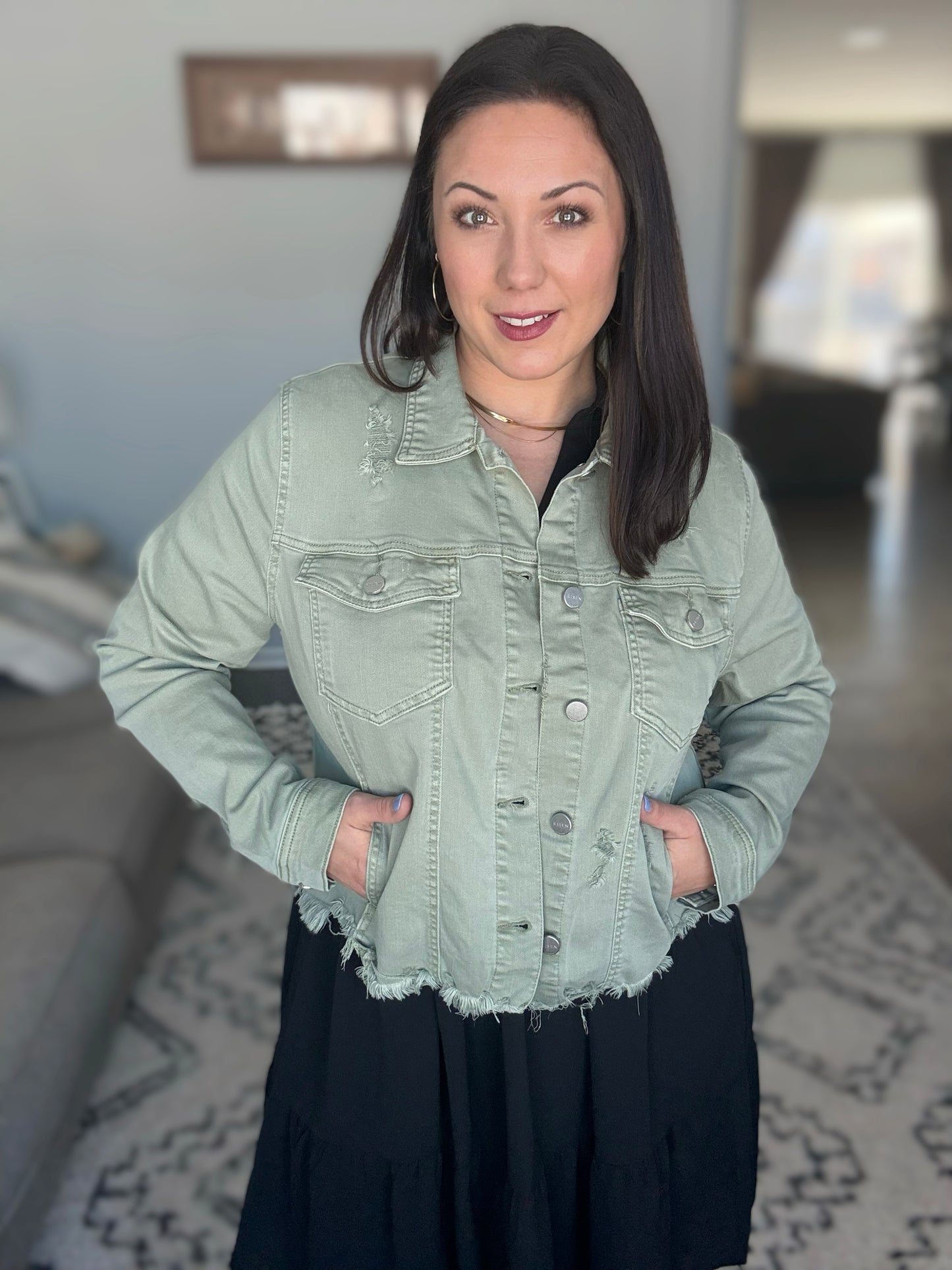 RISEN Raw Hem Cropped Distressed Denim Jacket in Sage
