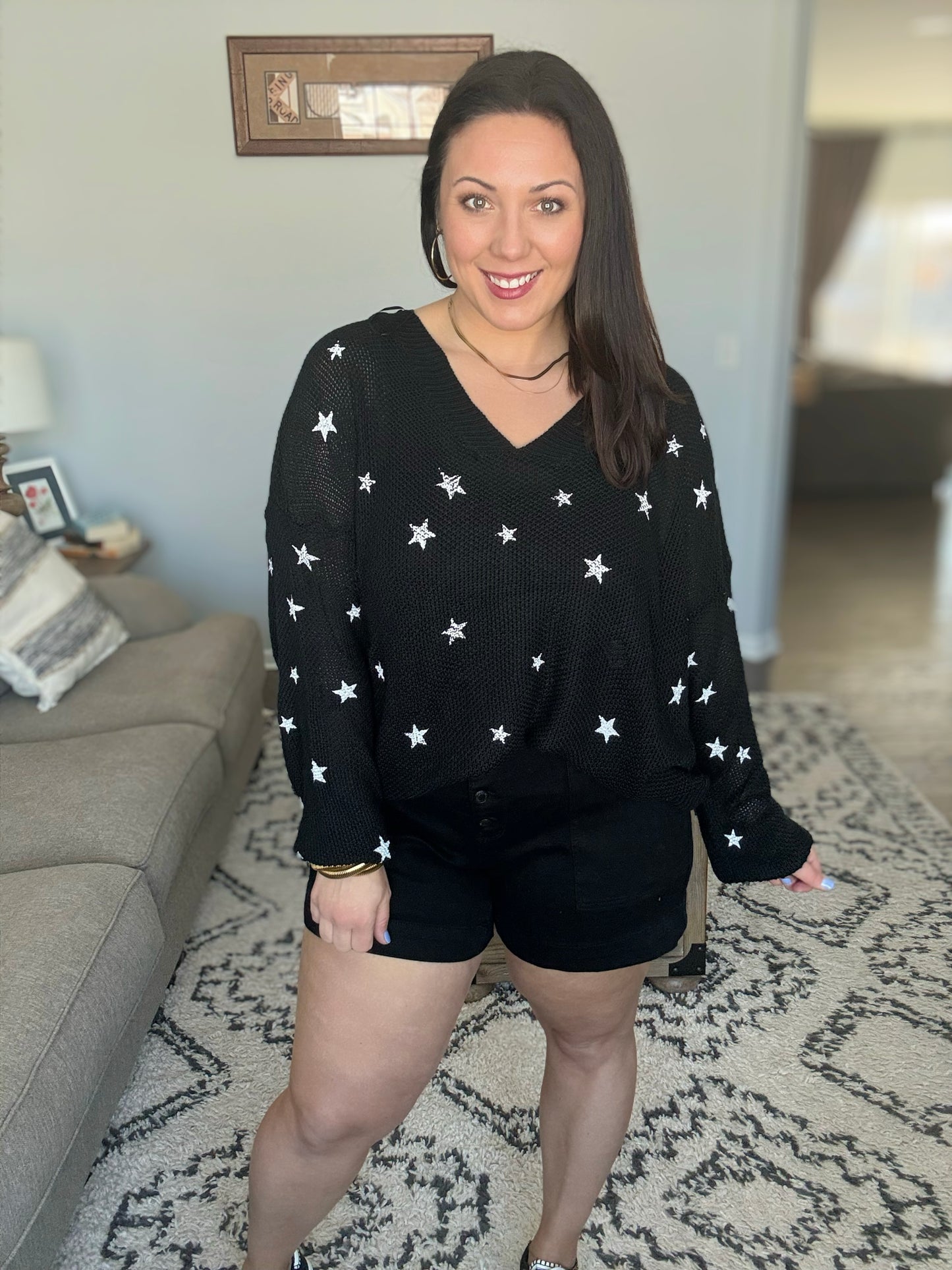 Umgee Stars at Night V-Neck Loose Knit Sweater