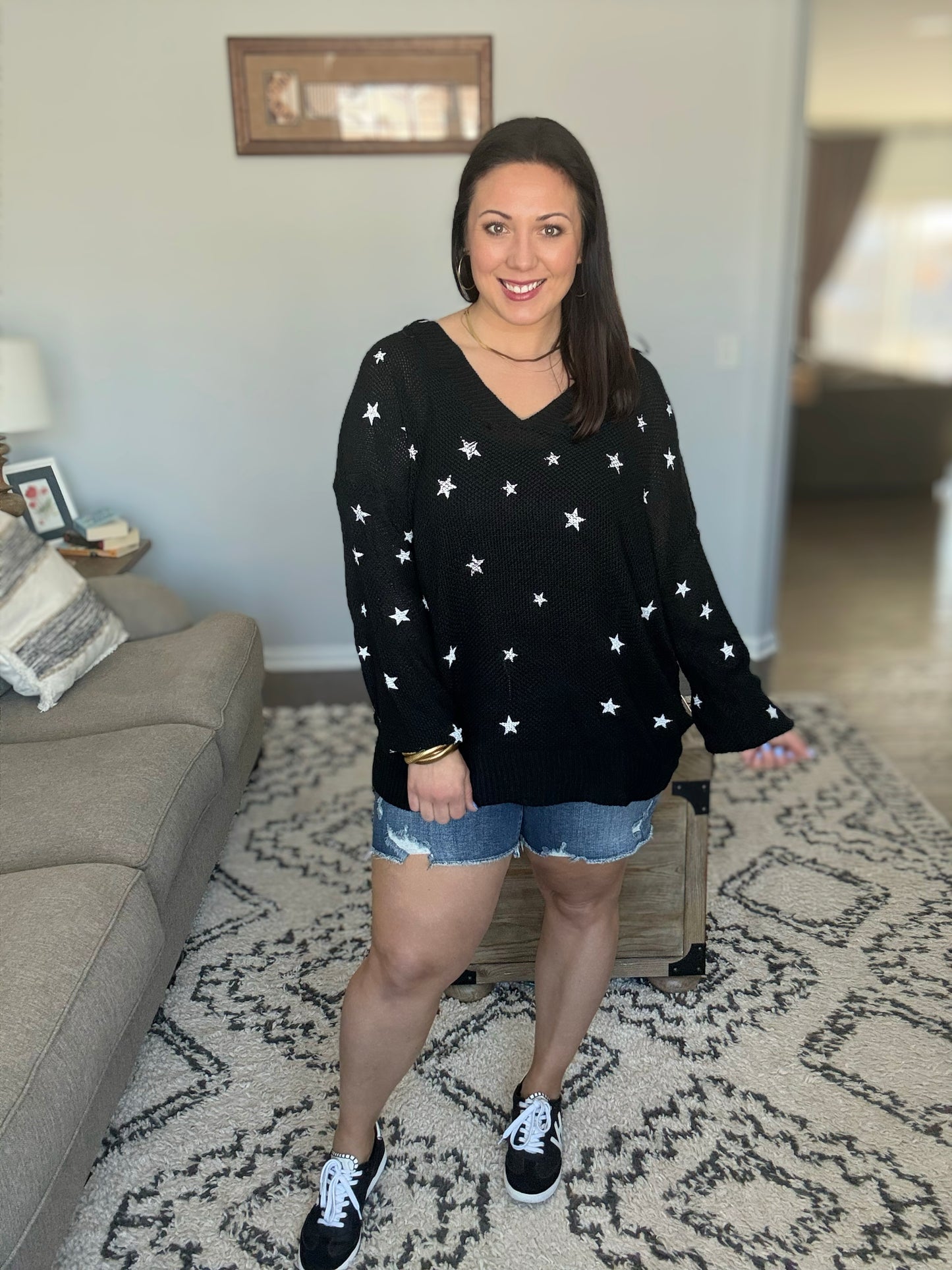 Umgee Stars at Night V-Neck Loose Knit Sweater