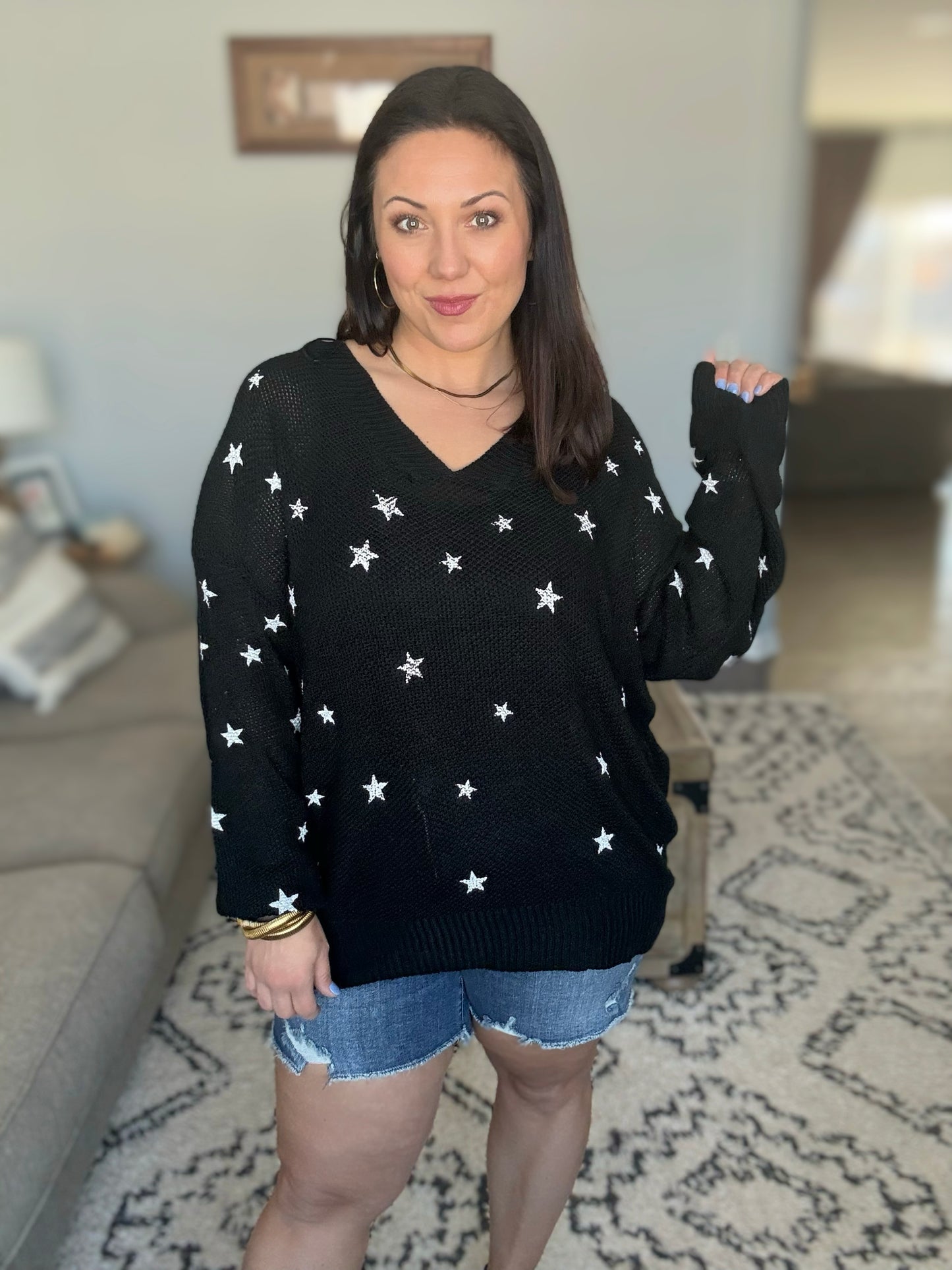 Umgee Stars at Night V-Neck Loose Knit Sweater