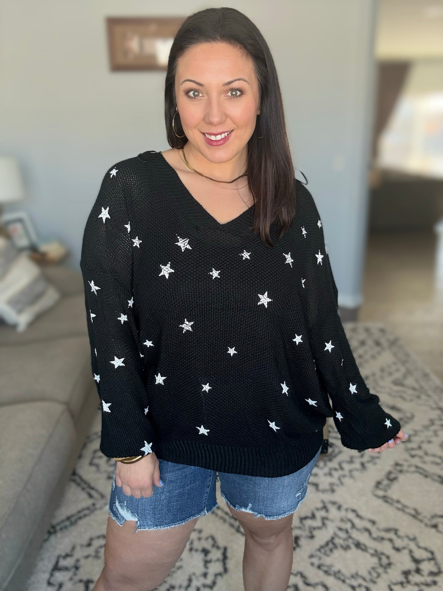 Umgee Stars at Night V-Neck Loose Knit Sweater