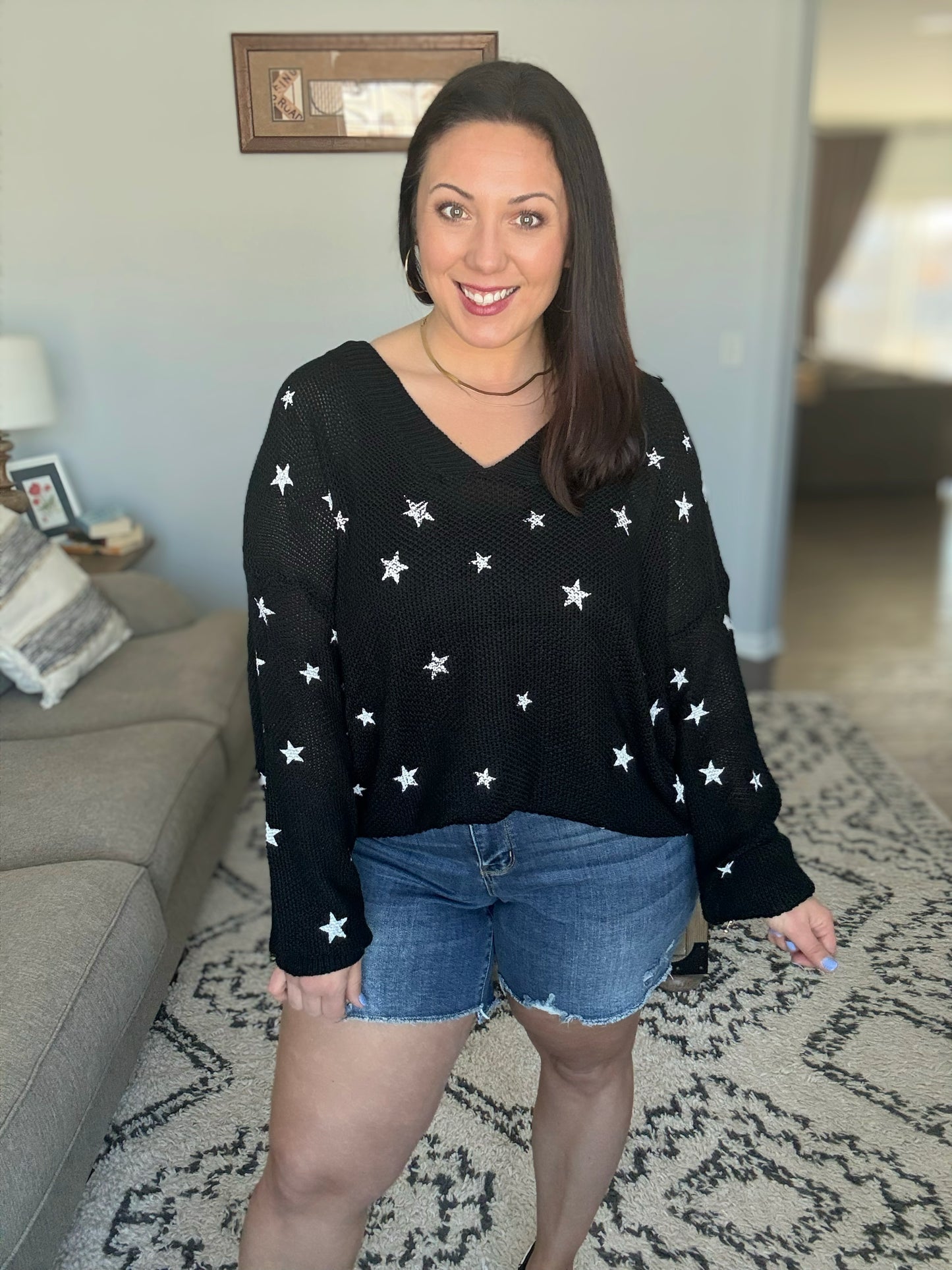 Umgee Stars at Night V-Neck Loose Knit Sweater