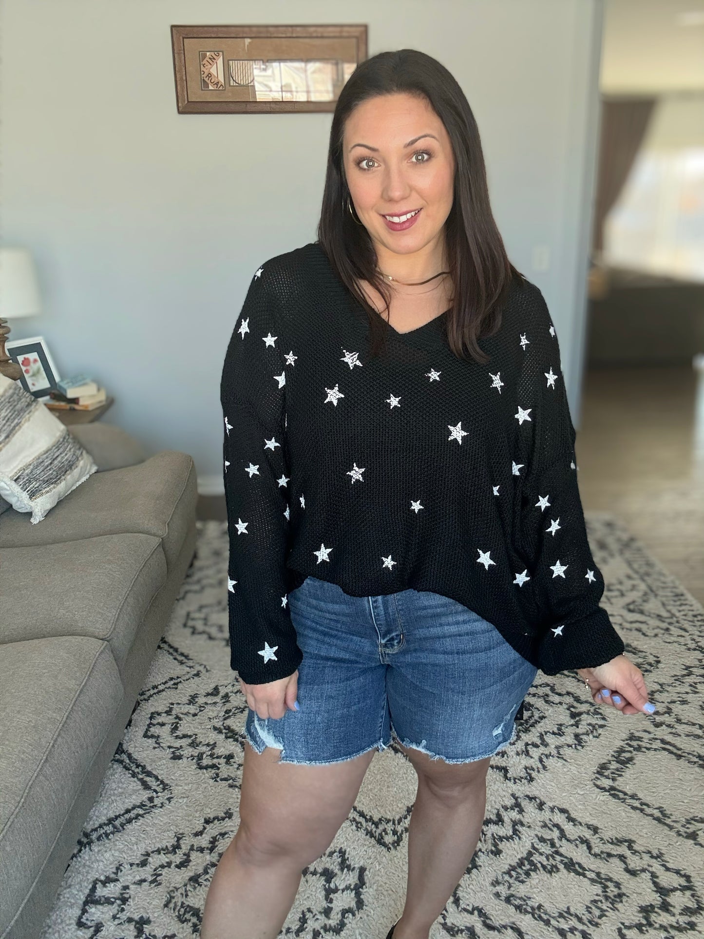 Umgee Stars at Night V-Neck Loose Knit Sweater