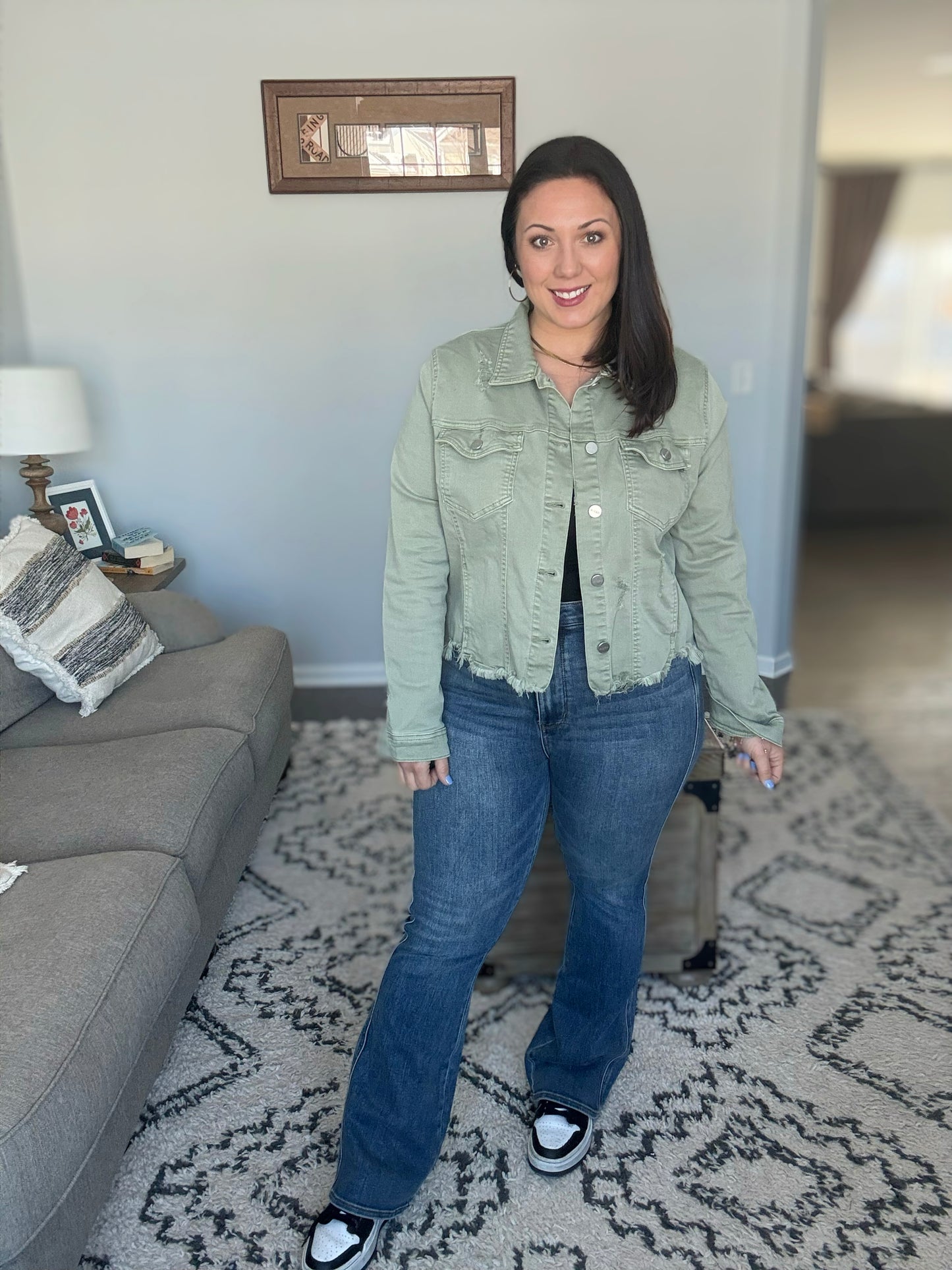 RISEN Raw Hem Cropped Distressed Denim Jacket in Sage