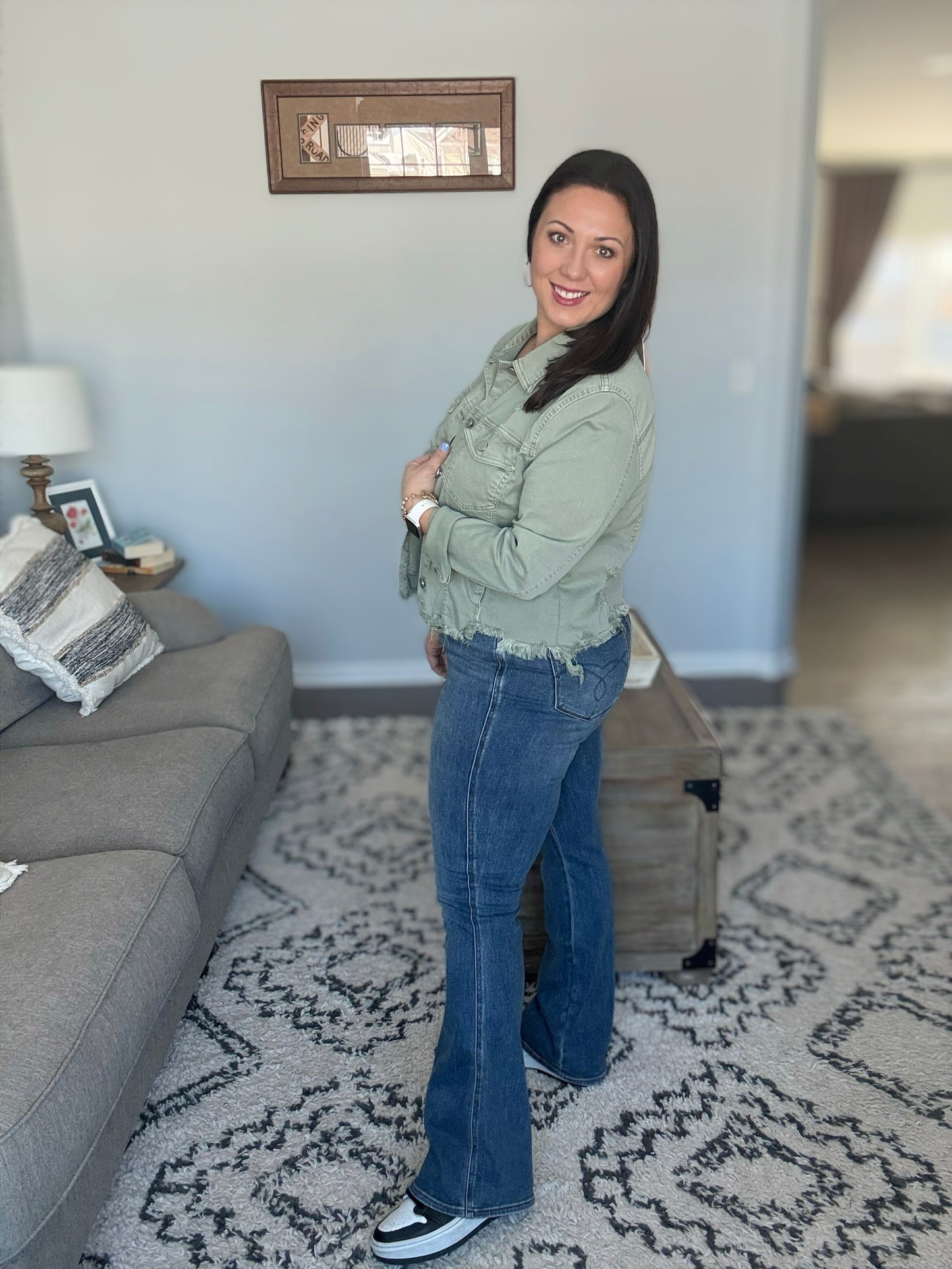 RISEN Raw Hem Cropped Distressed Denim Jacket in Sage