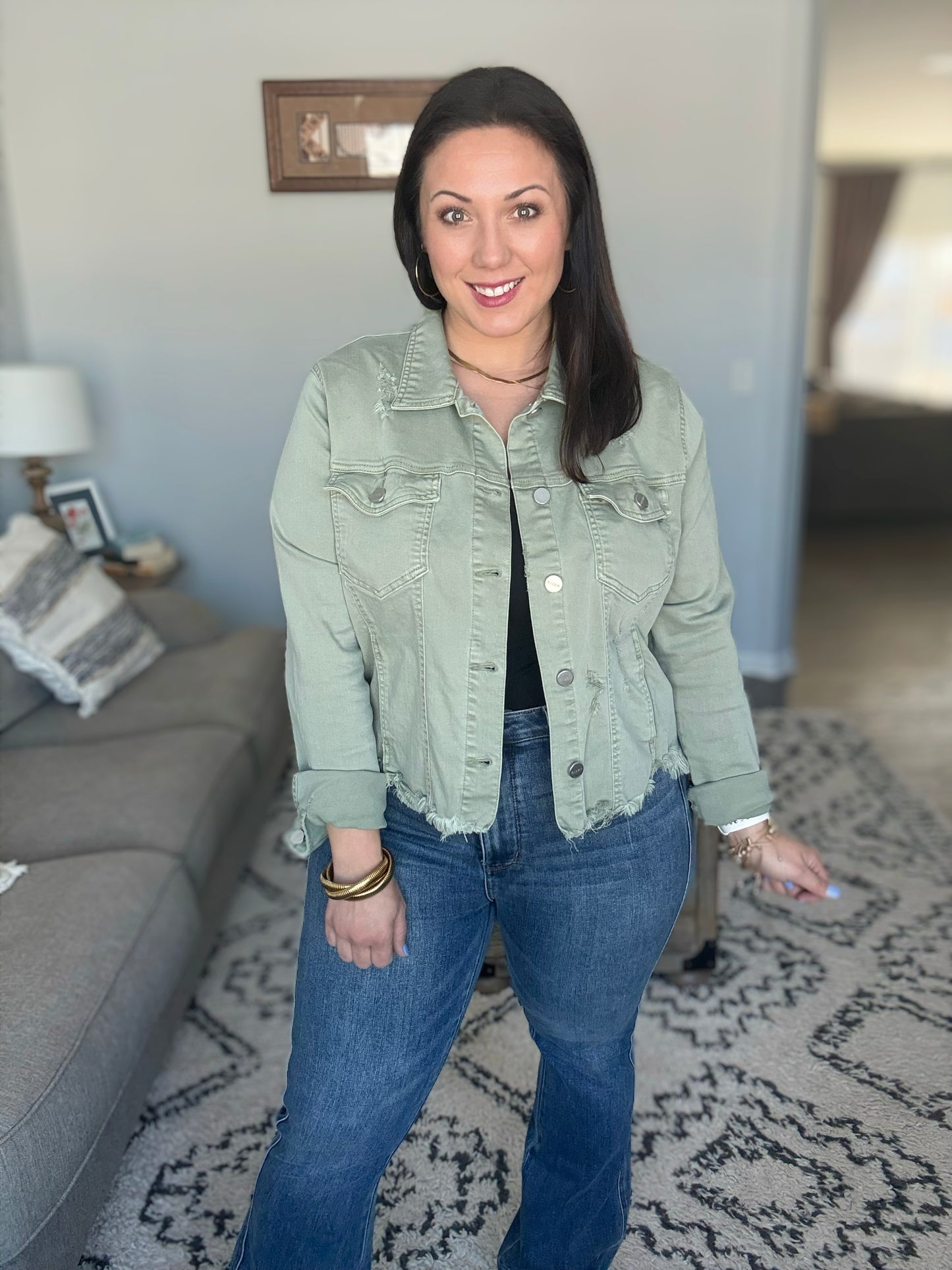 RISEN Raw Hem Cropped Distressed Denim Jacket in Sage