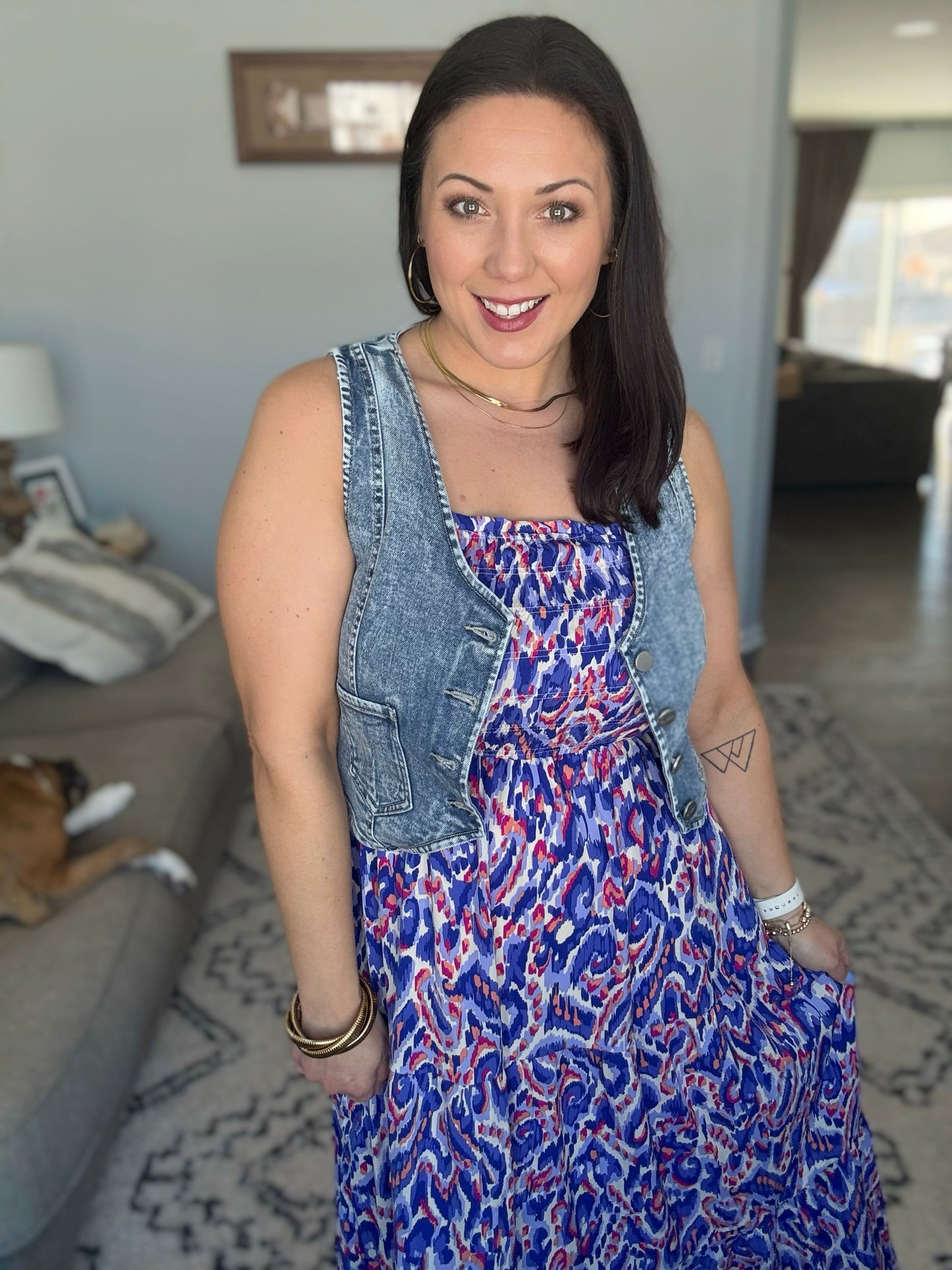 She + Sky Smocked Wide Strap Tiered Maxi Dress in Royal Blue Ikat