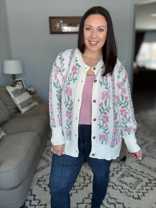 All For Love Ivory Jacquard Vertical Floral Button Down Cardigan