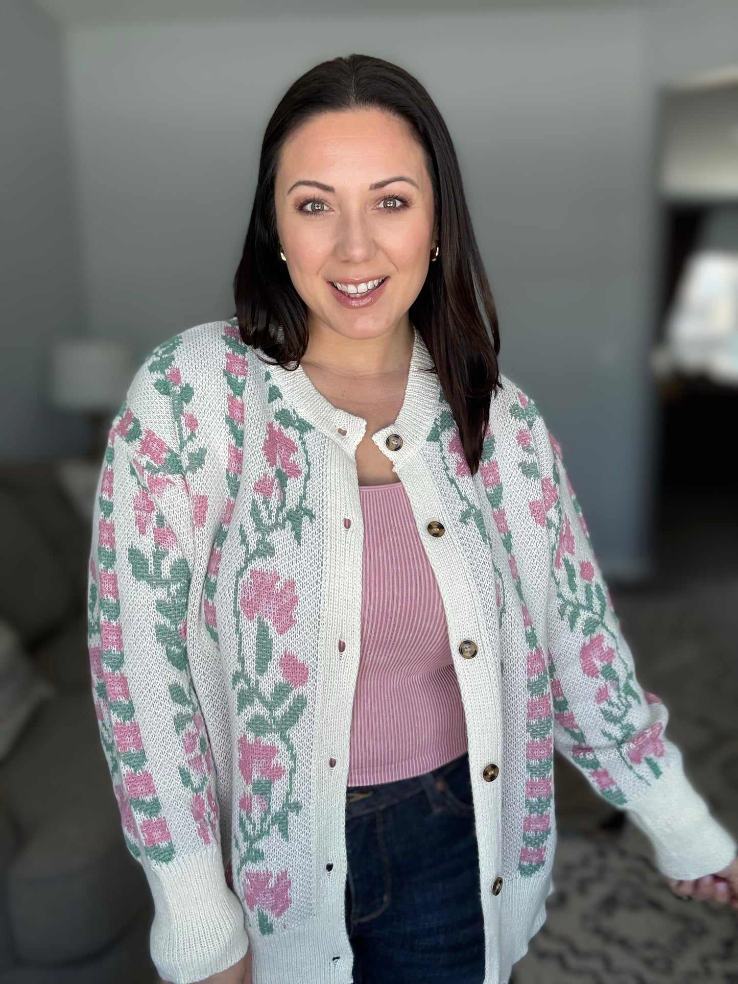 All For Love Ivory Jacquard Vertical Floral Button Down Cardigan