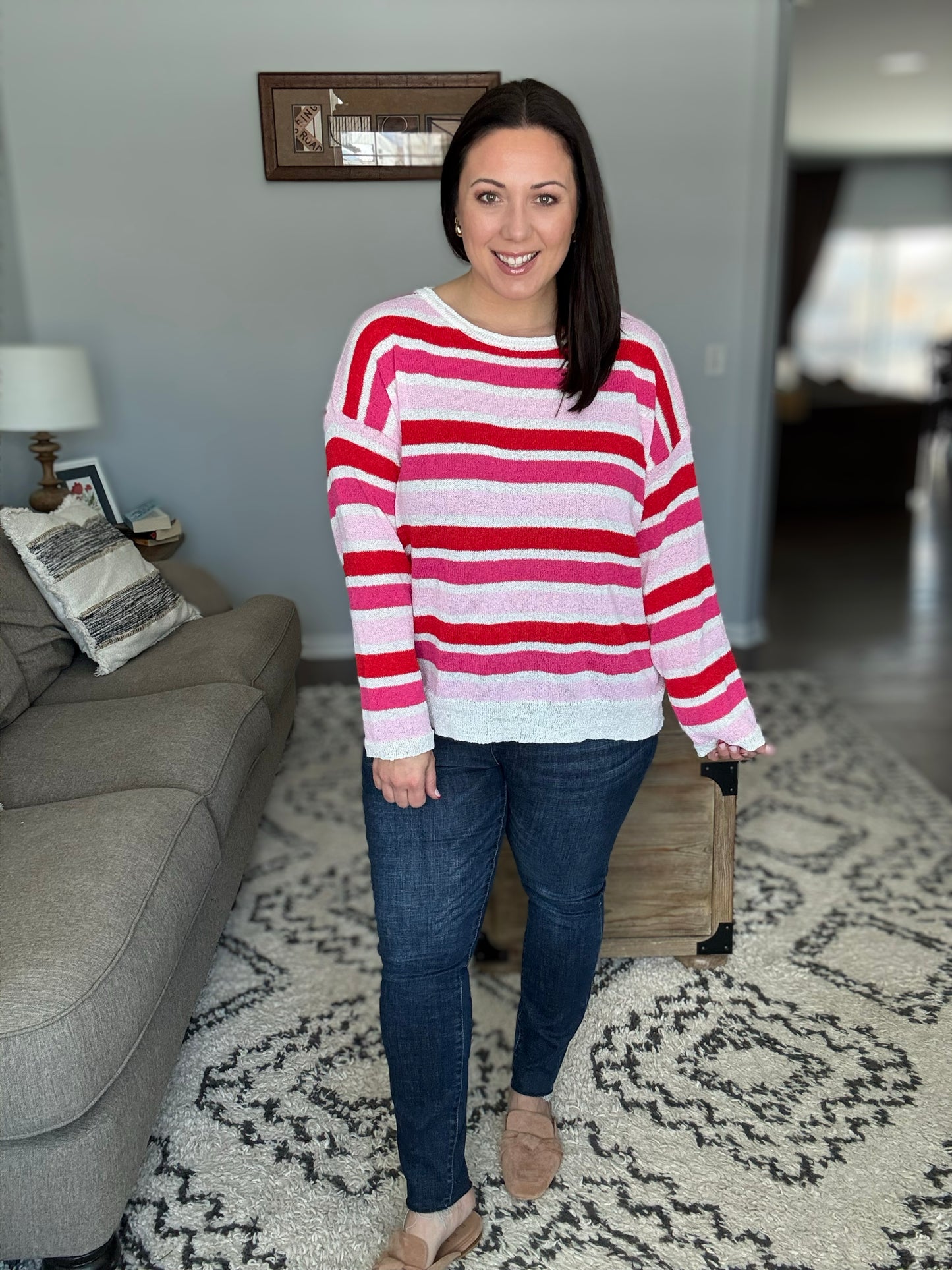 Follow Me Red/Pink Loose Knit Stripe Ribbed Pullover
