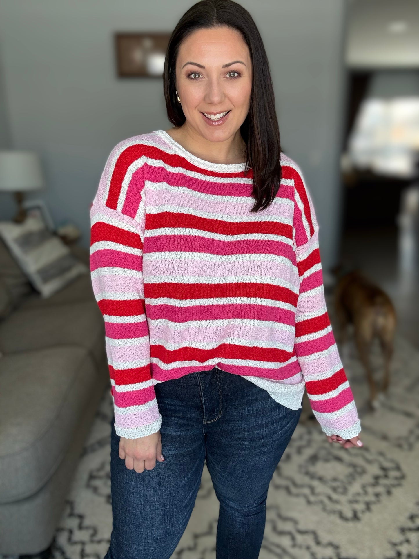 Follow Me Red/Pink Loose Knit Stripe Ribbed Pullover