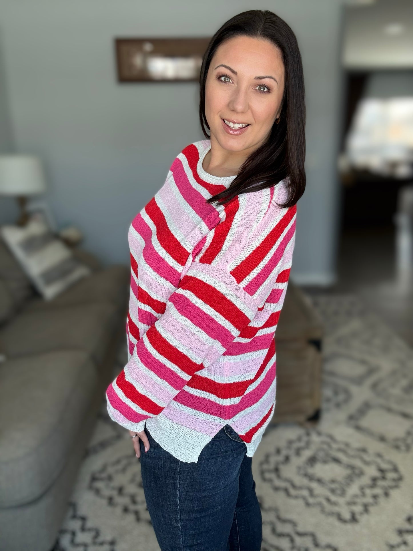 Follow Me Red/Pink Loose Knit Stripe Ribbed Pullover