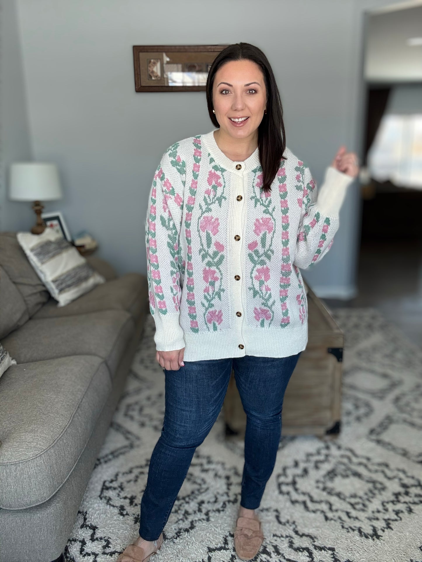 All For Love Ivory Jacquard Vertical Floral Button Down Cardigan