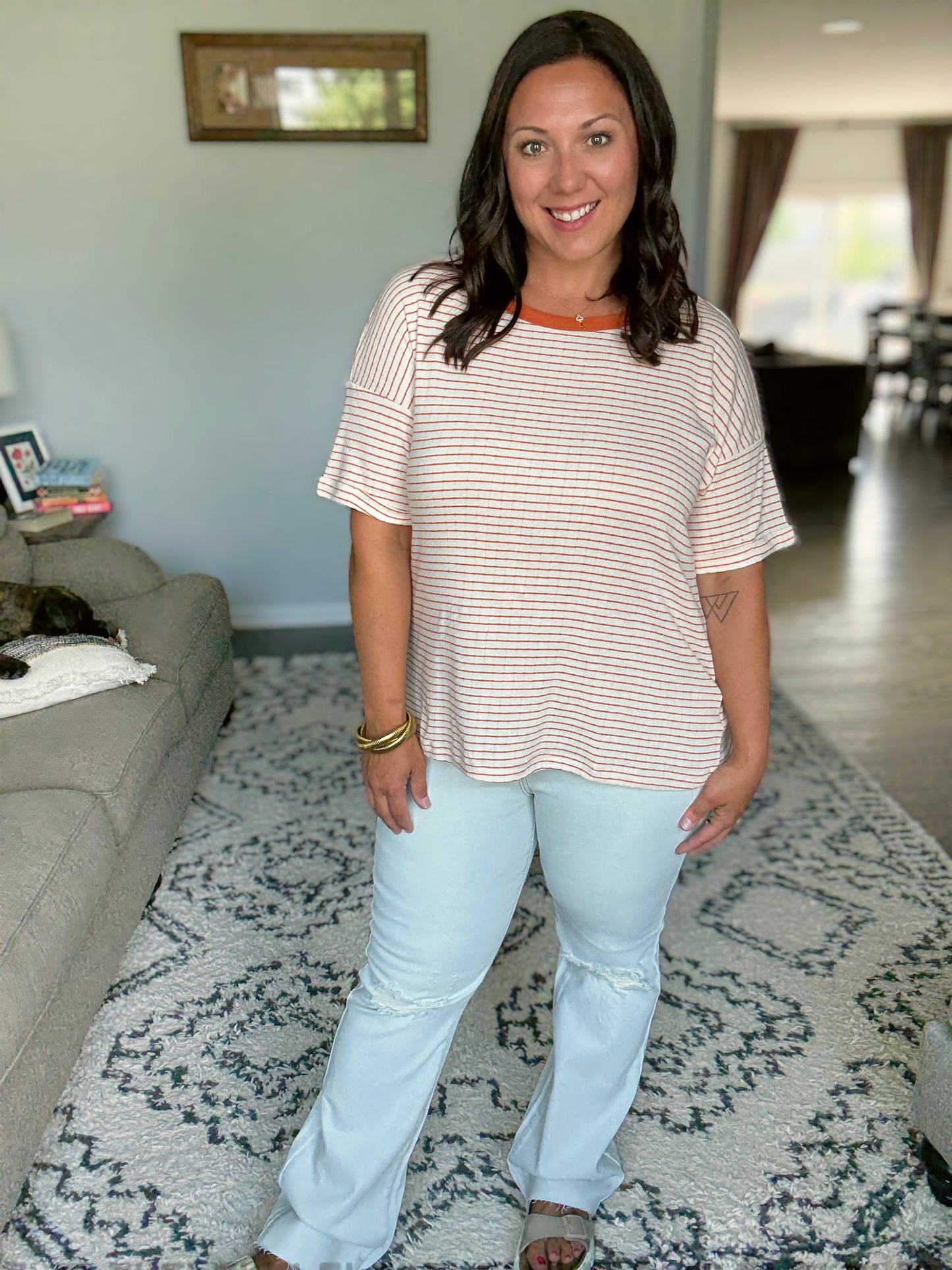 Sunbeam Shuffle Banded Round Neck Top in Orange