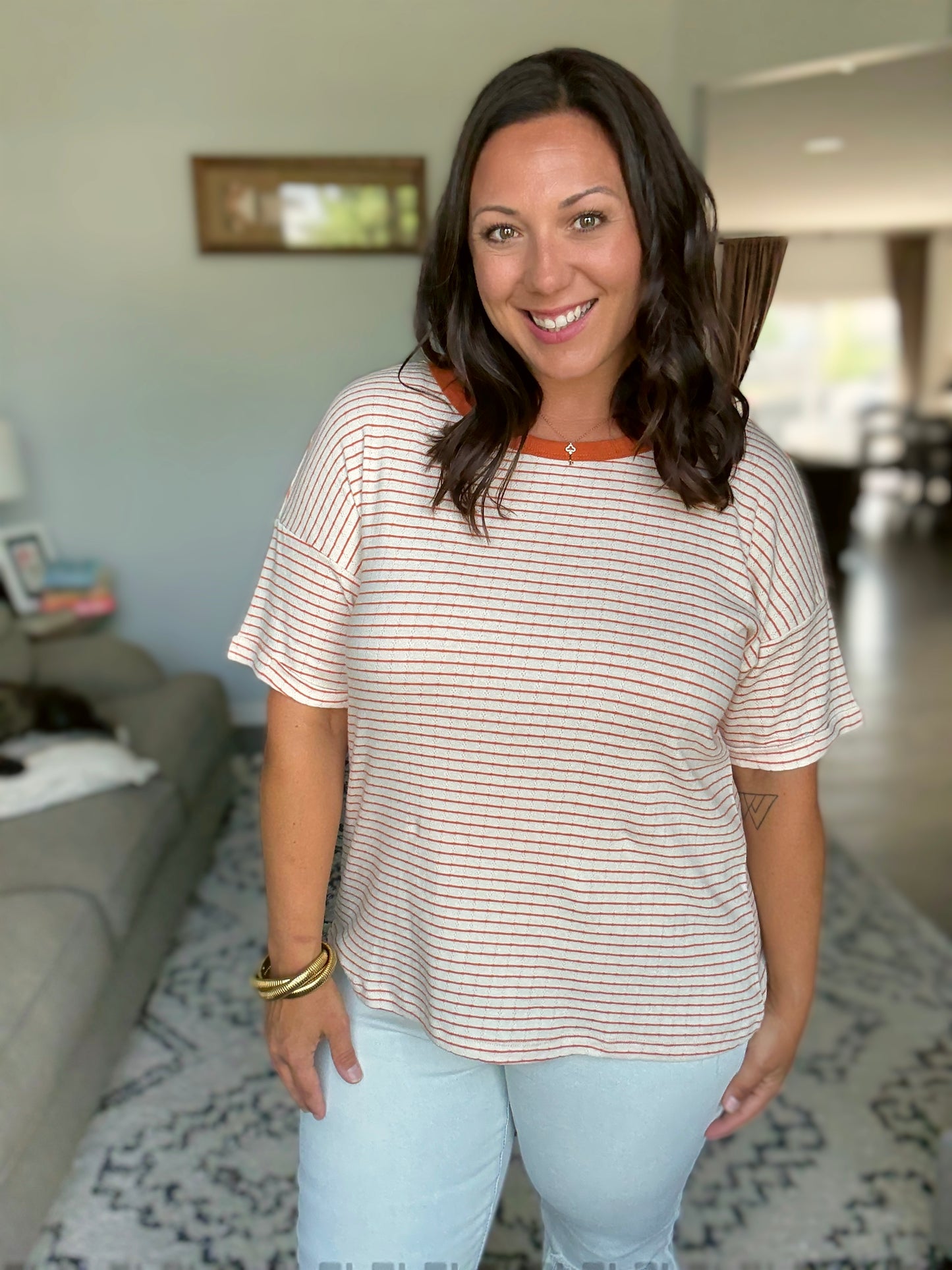 Sunbeam Shuffle Banded Round Neck Top in Orange