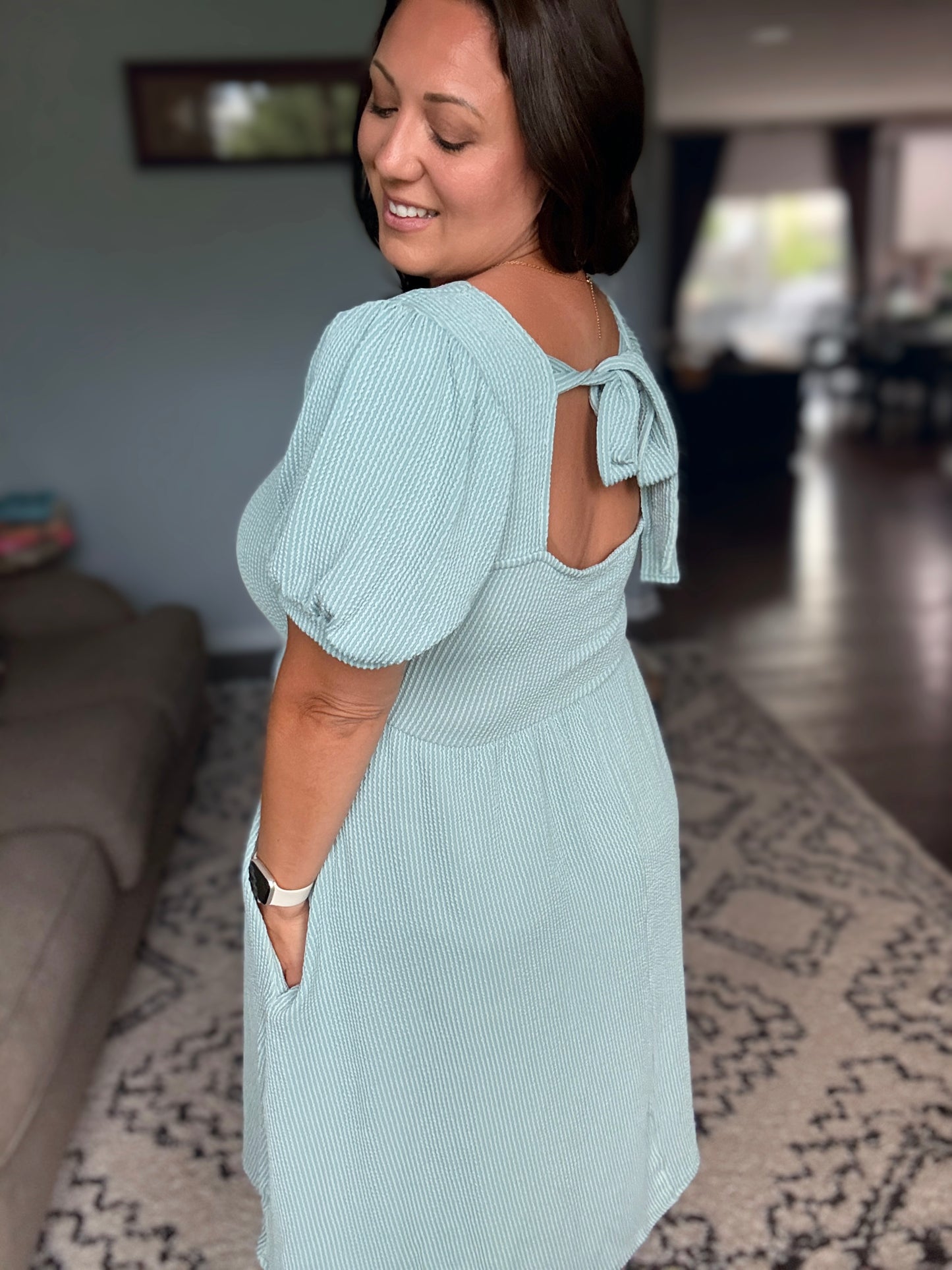 Twirlin’ Dirty Cable Ribbed Knit Dress in Sage Green