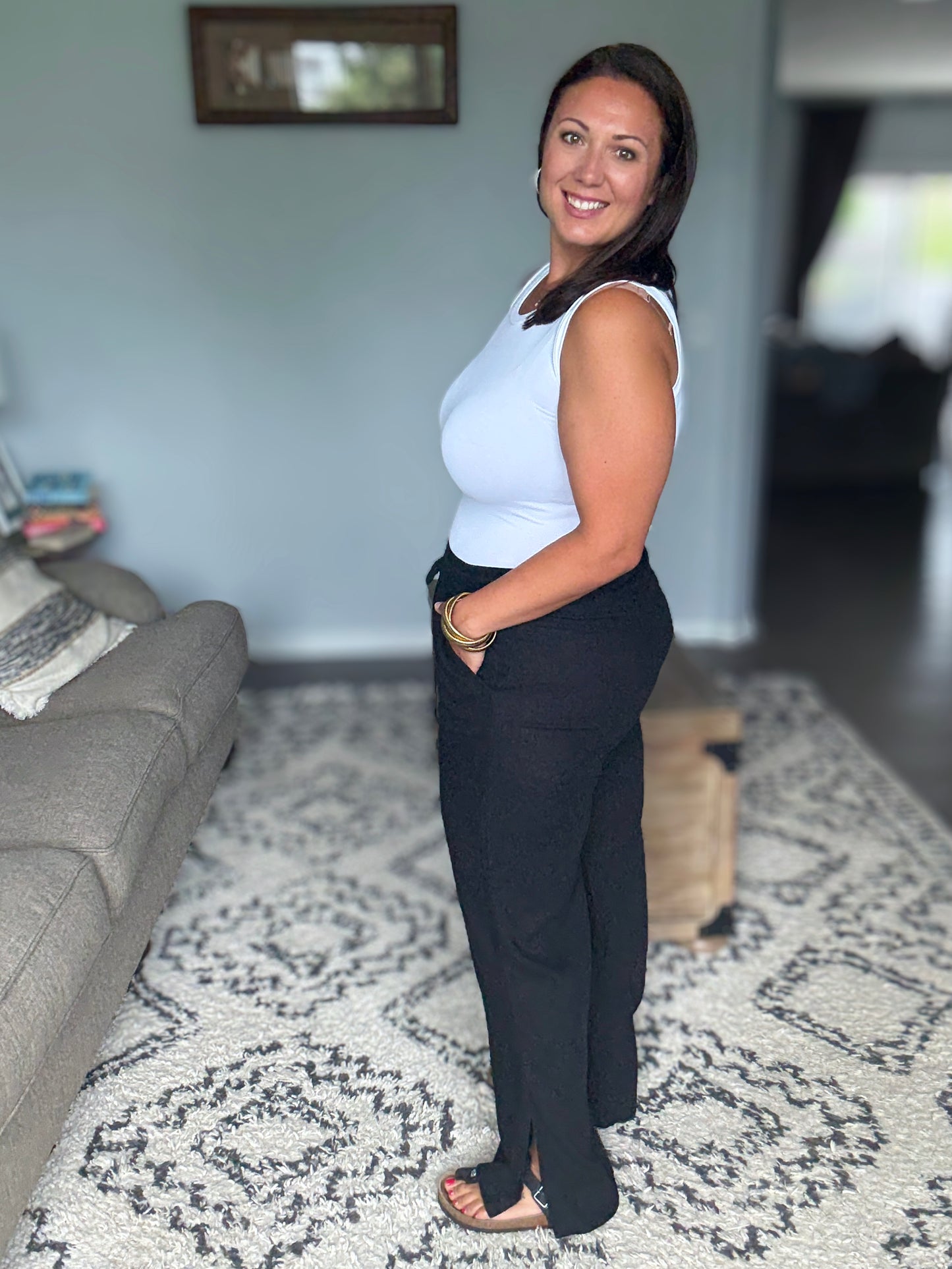Zenana Linen Drawstring Pants in Black