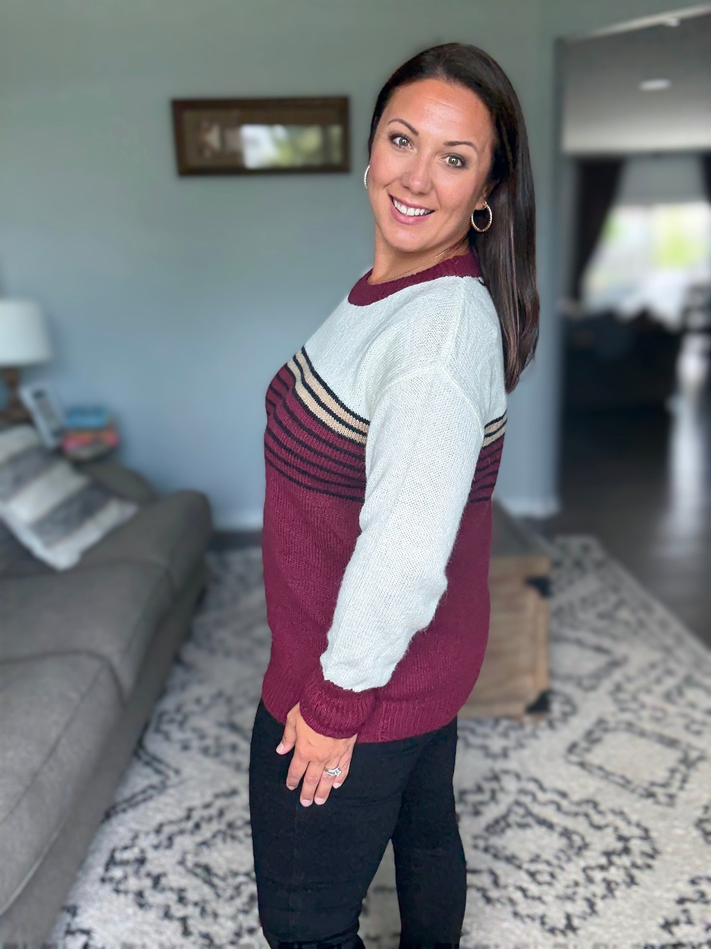 BiBi Color Block Sweater With Stripe Yoke in Burgundy