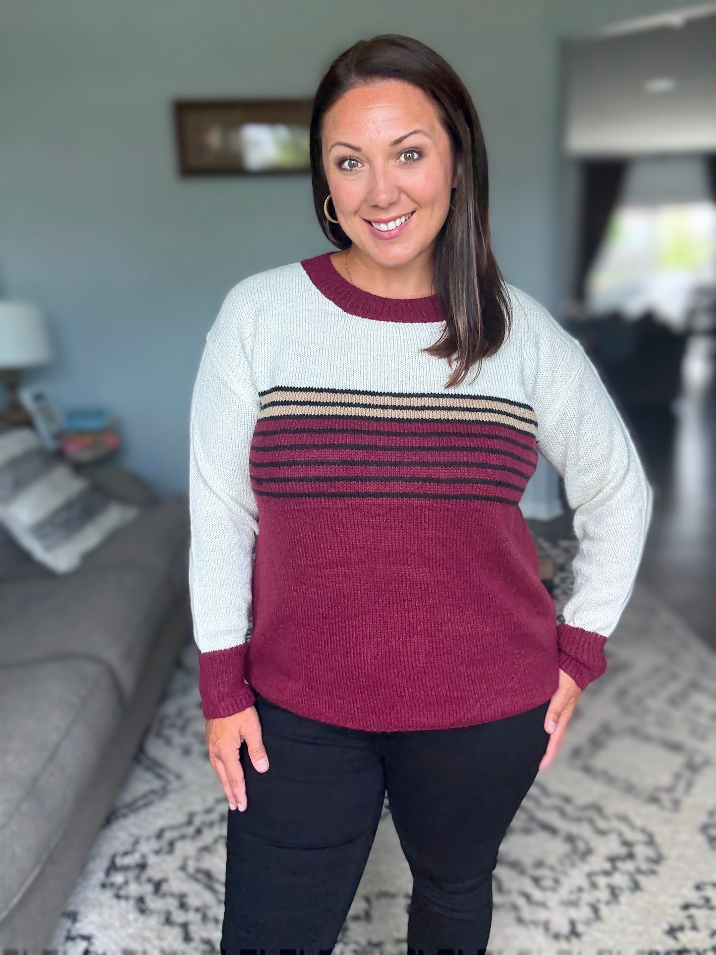 BiBi Color Block Sweater With Stripe Yoke in Burgundy