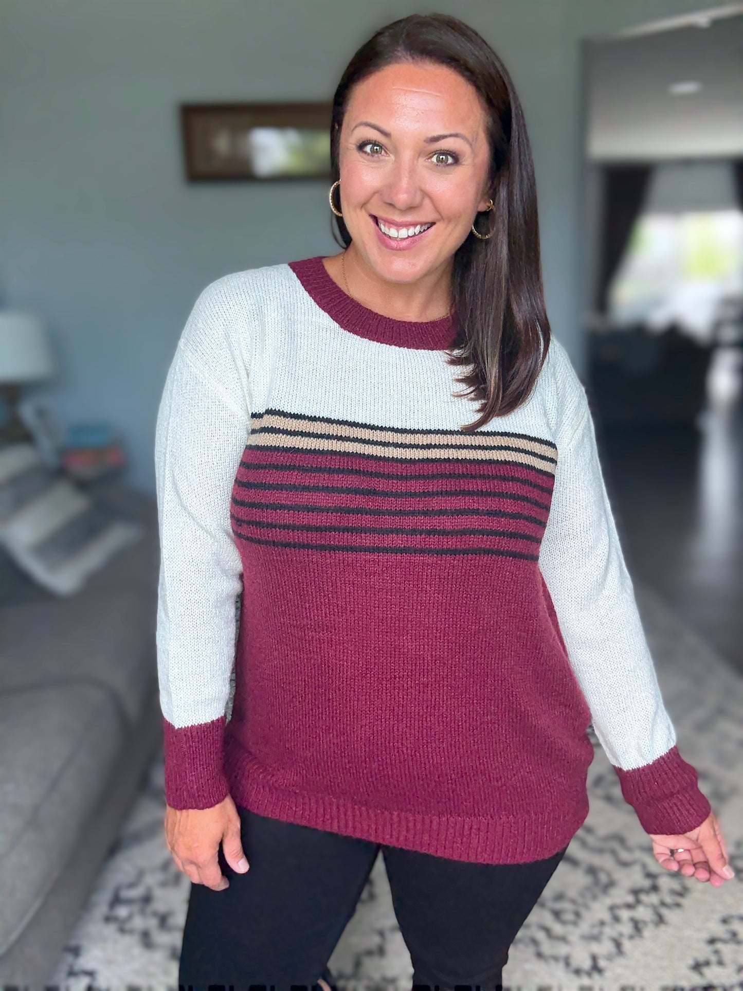 BiBi Color Block Sweater With Stripe Yoke in Burgundy