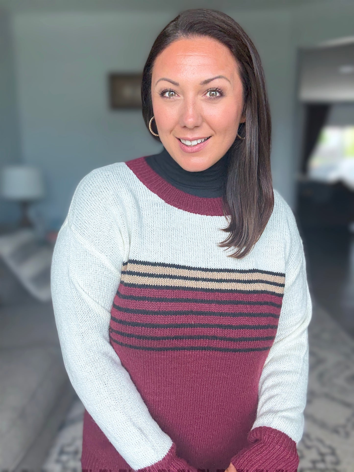 BiBi Color Block Sweater With Stripe Yoke in Burgundy