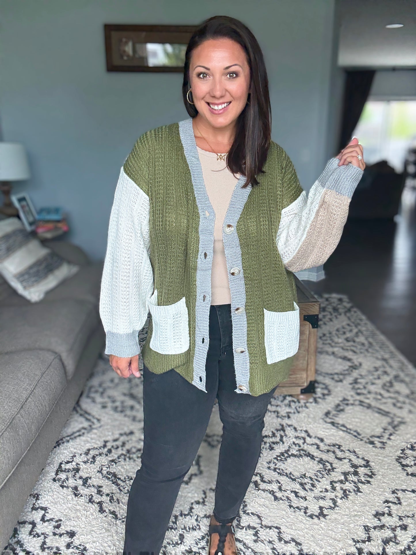BiBi Color Block Varsity Sweater Cardigan with Buttons in Olive