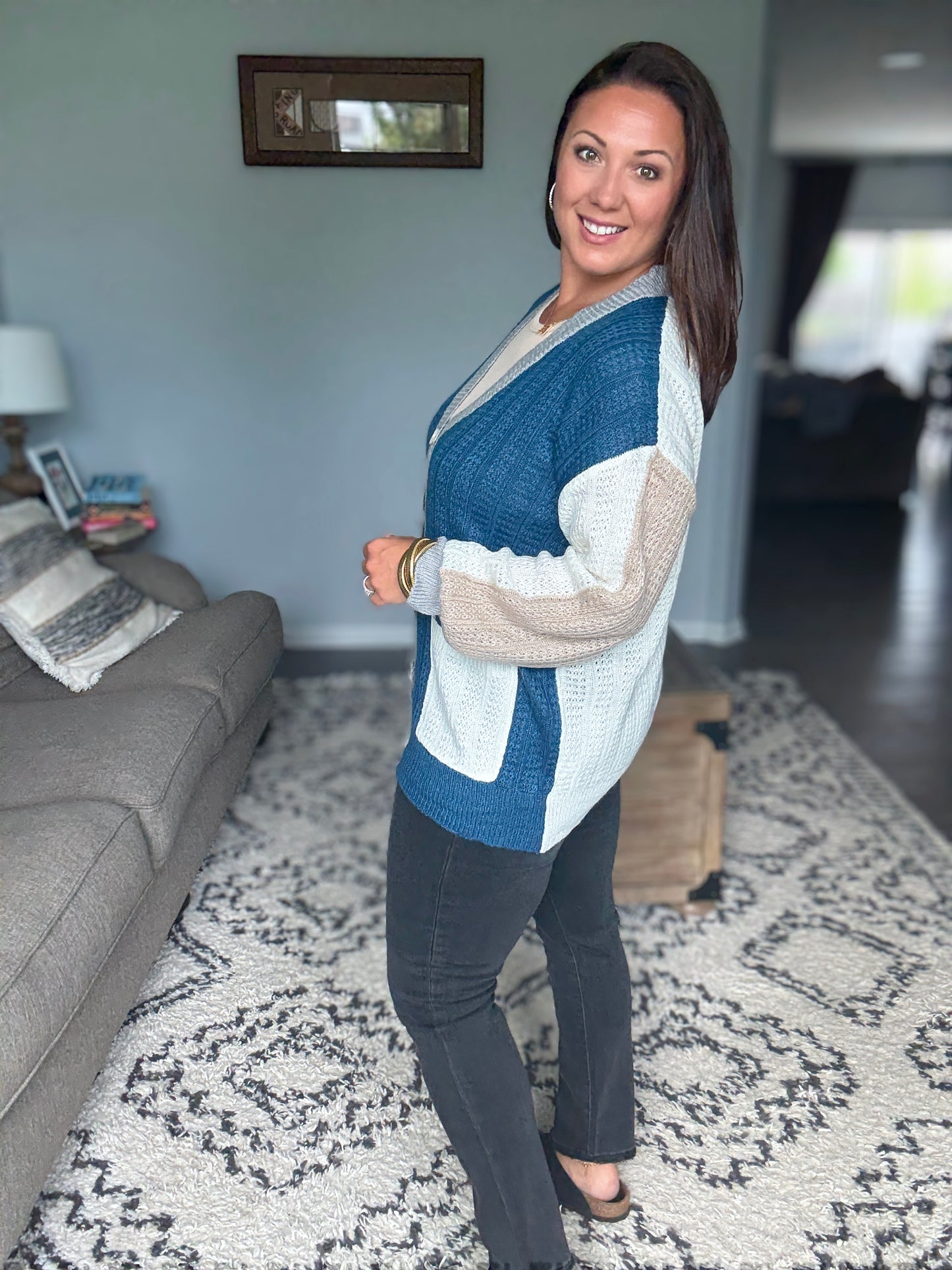 BiBi Color Block Varsity Sweater Cardigan with Buttons in Navy