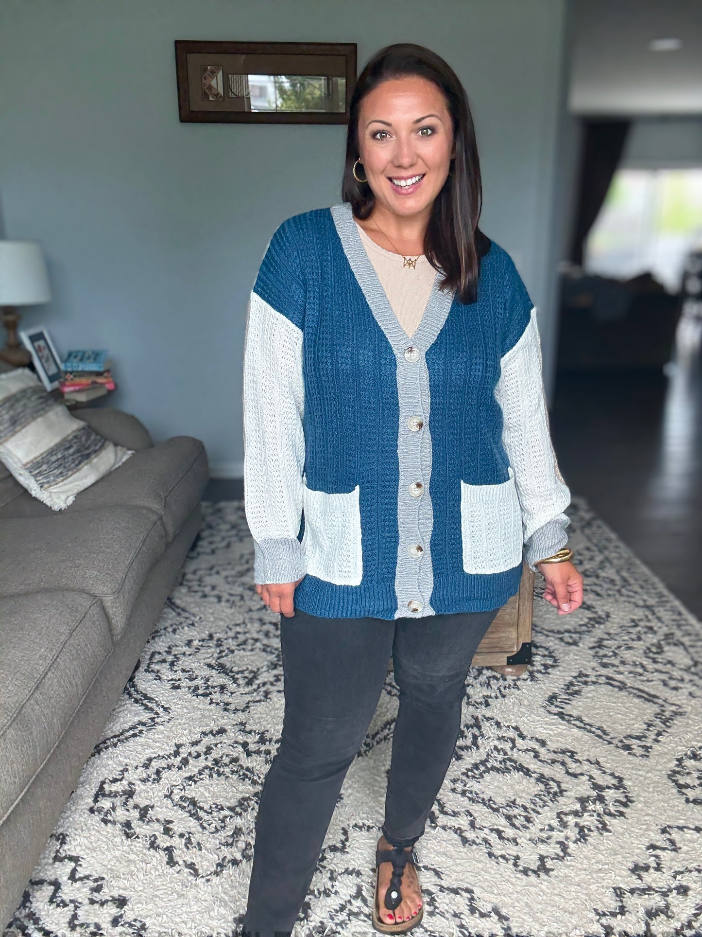 BiBi Color Block Varsity Sweater Cardigan with Buttons in Navy