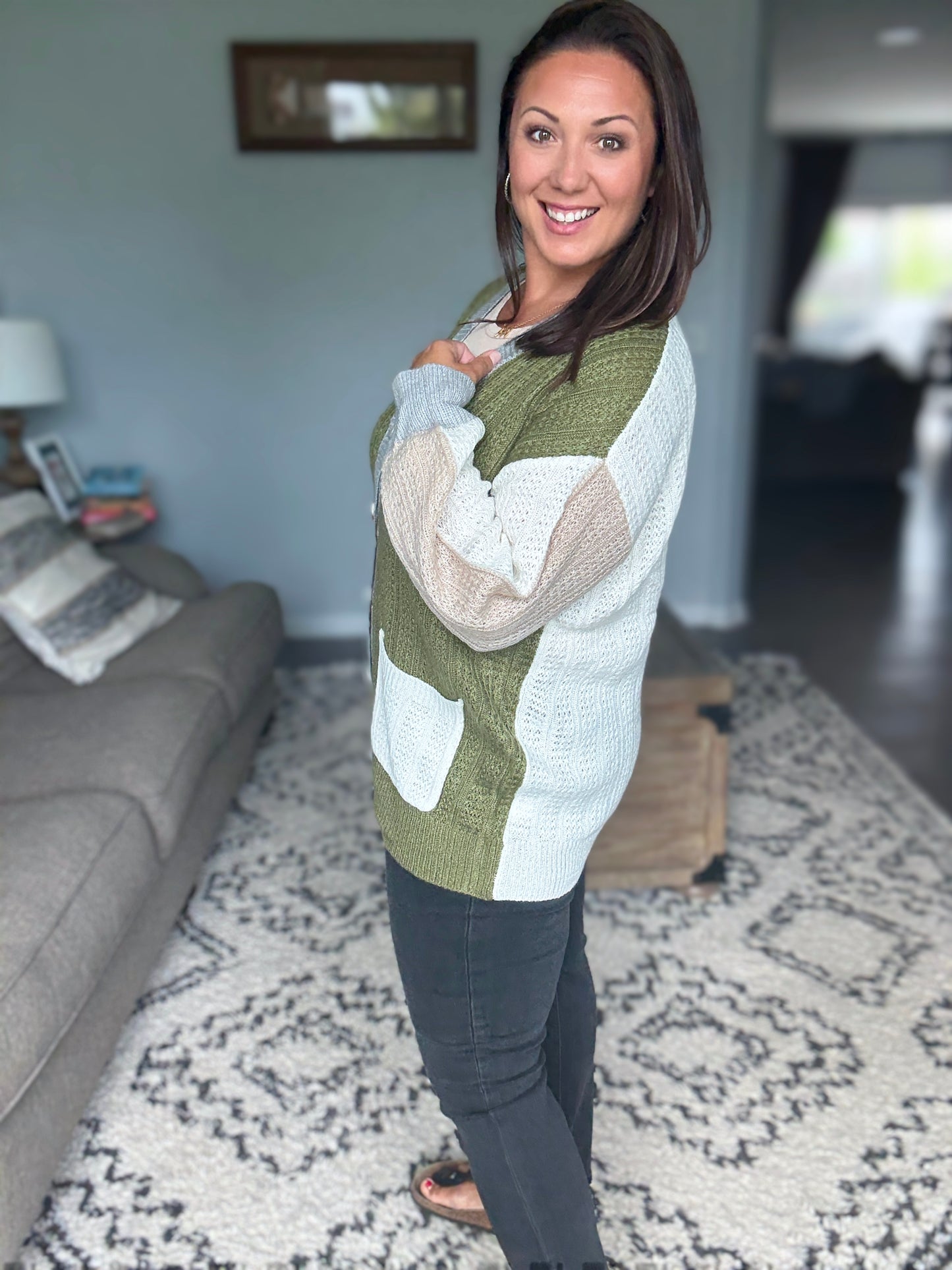 BiBi Color Block Varsity Sweater Cardigan with Buttons in Olive