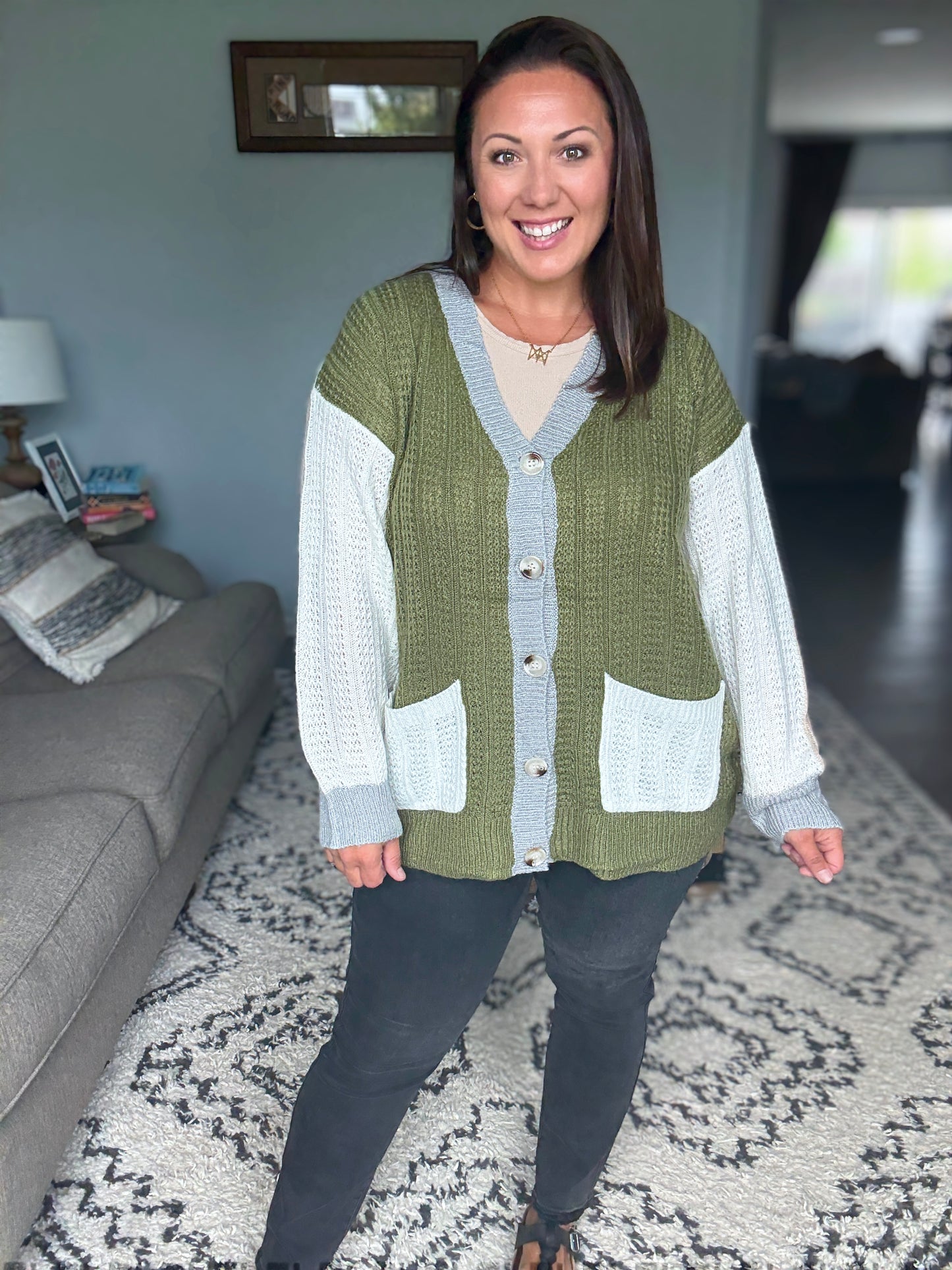 BiBi Color Block Varsity Sweater Cardigan with Buttons in Olive