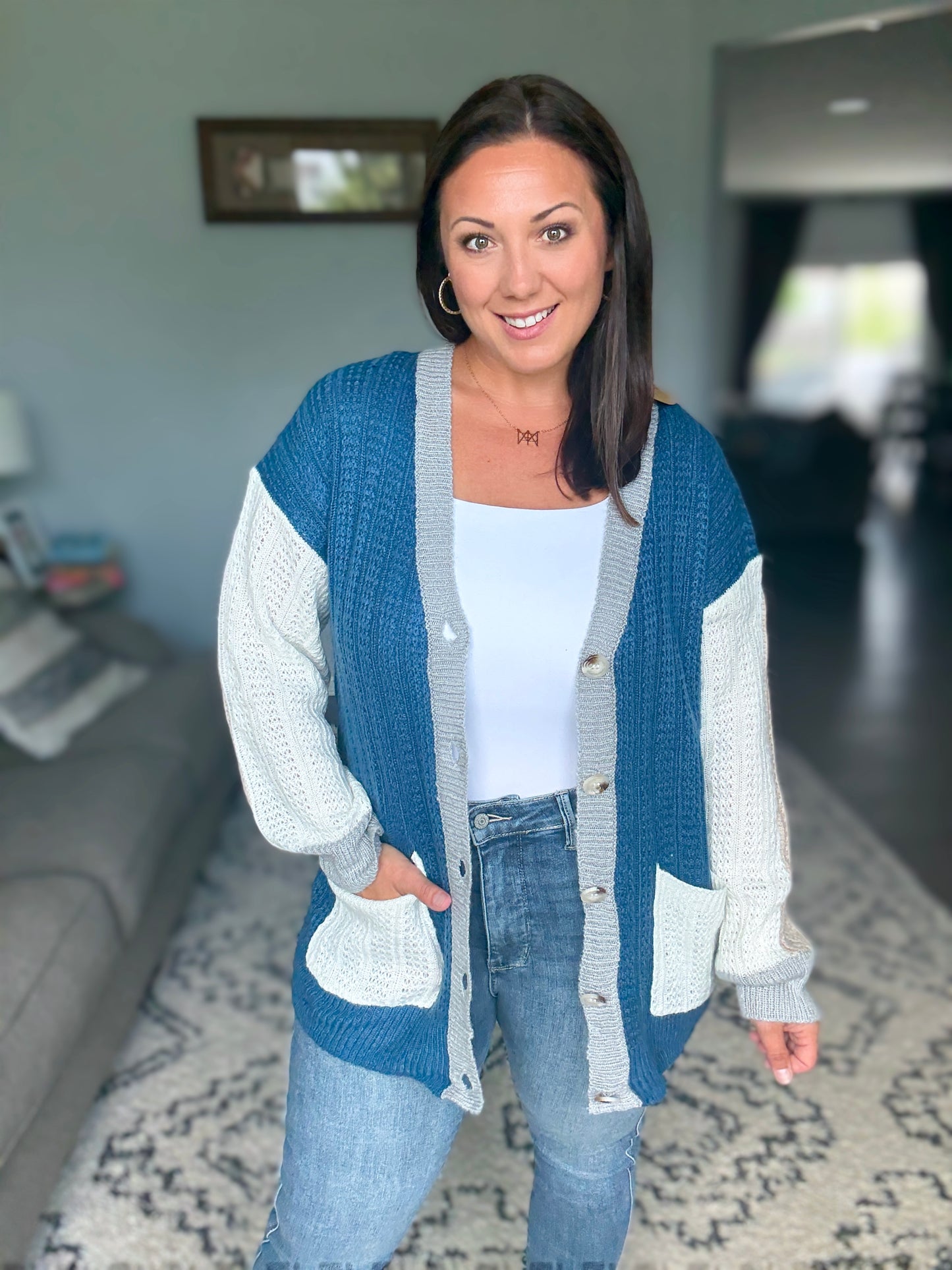 BiBi Color Block Varsity Sweater Cardigan with Buttons in Navy
