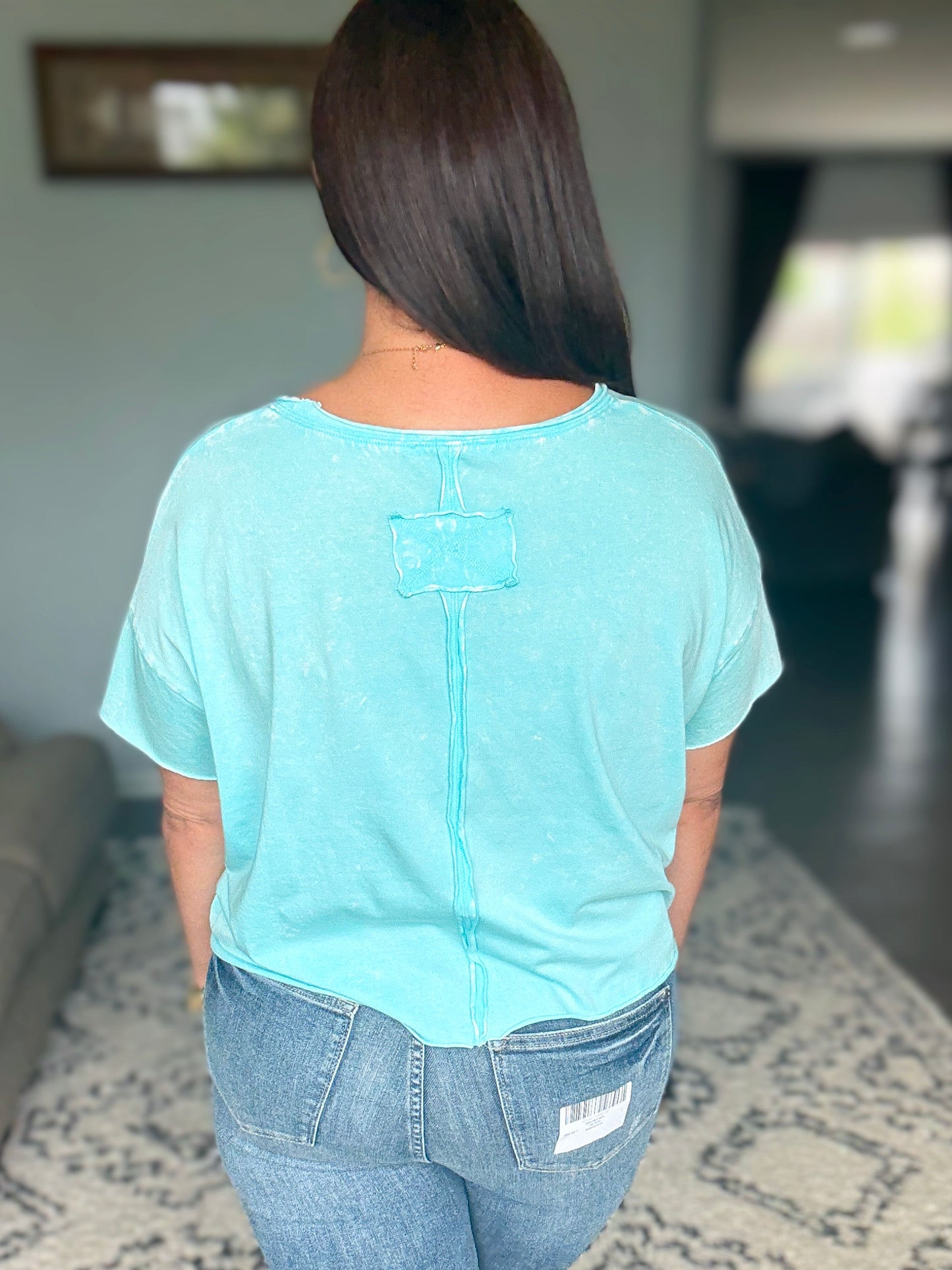 Zenana Washed Cropped Boxy Tee in Mint Sky