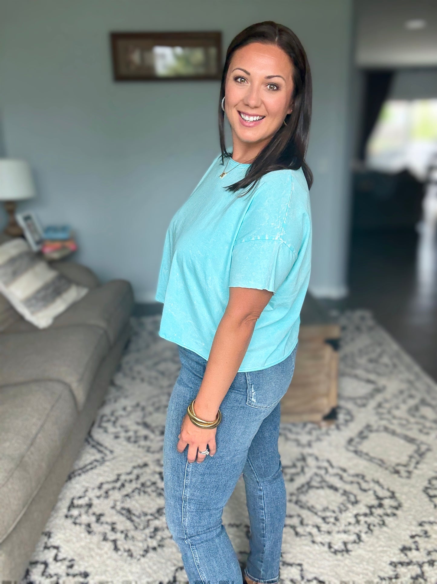 Zenana Washed Cropped Boxy Tee in Mint Sky