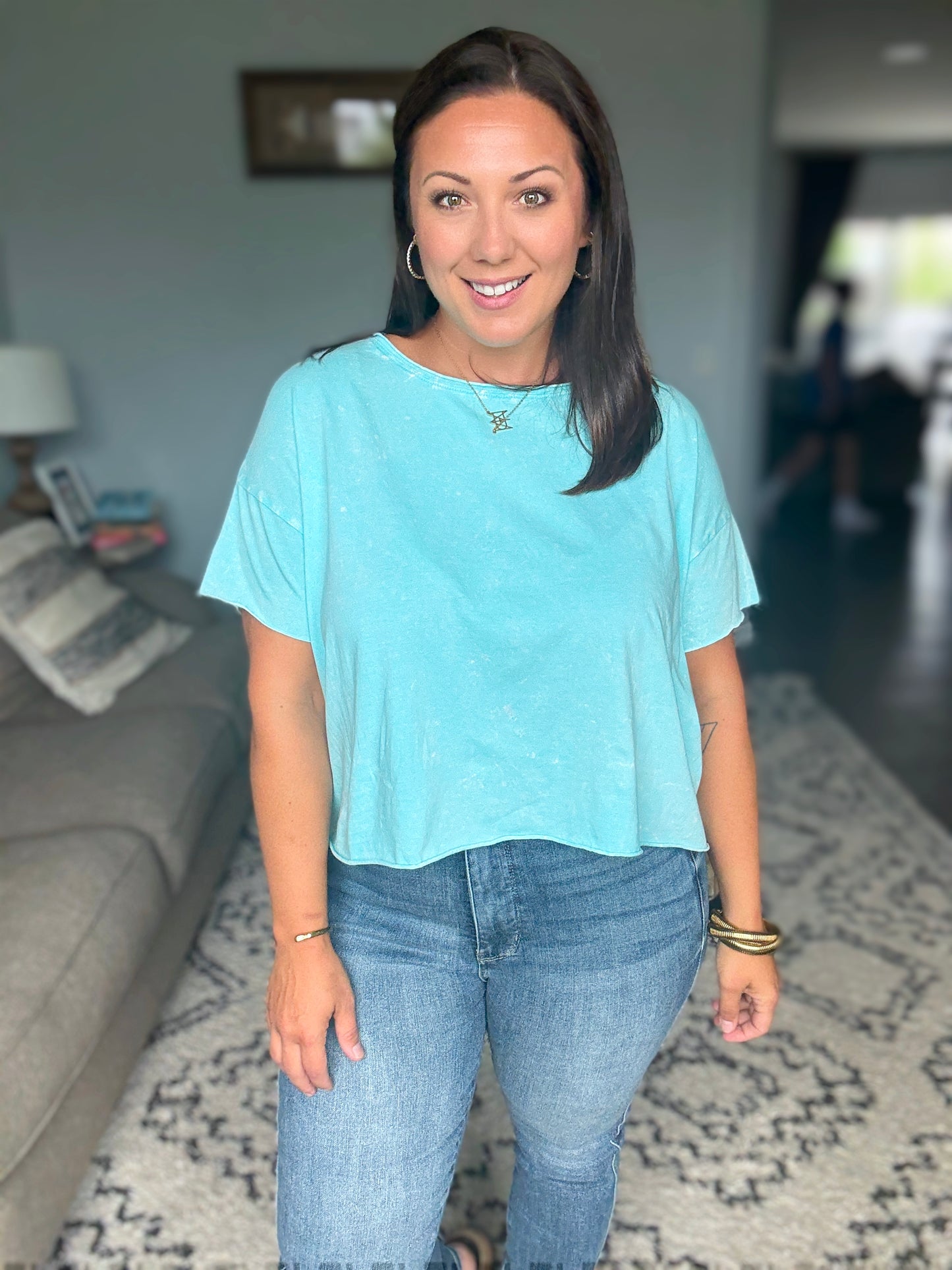 Zenana Washed Cropped Boxy Tee in Mint Sky