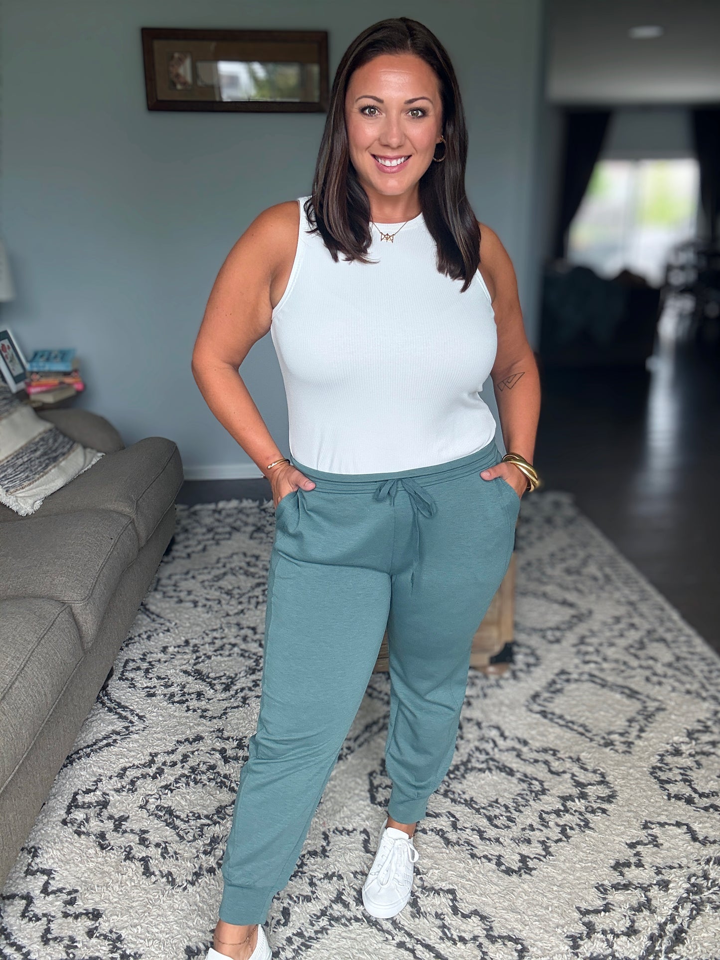 Zenana Scuba Crewneck 2 Piece Jogger and Pullover Set in Ash Jade
