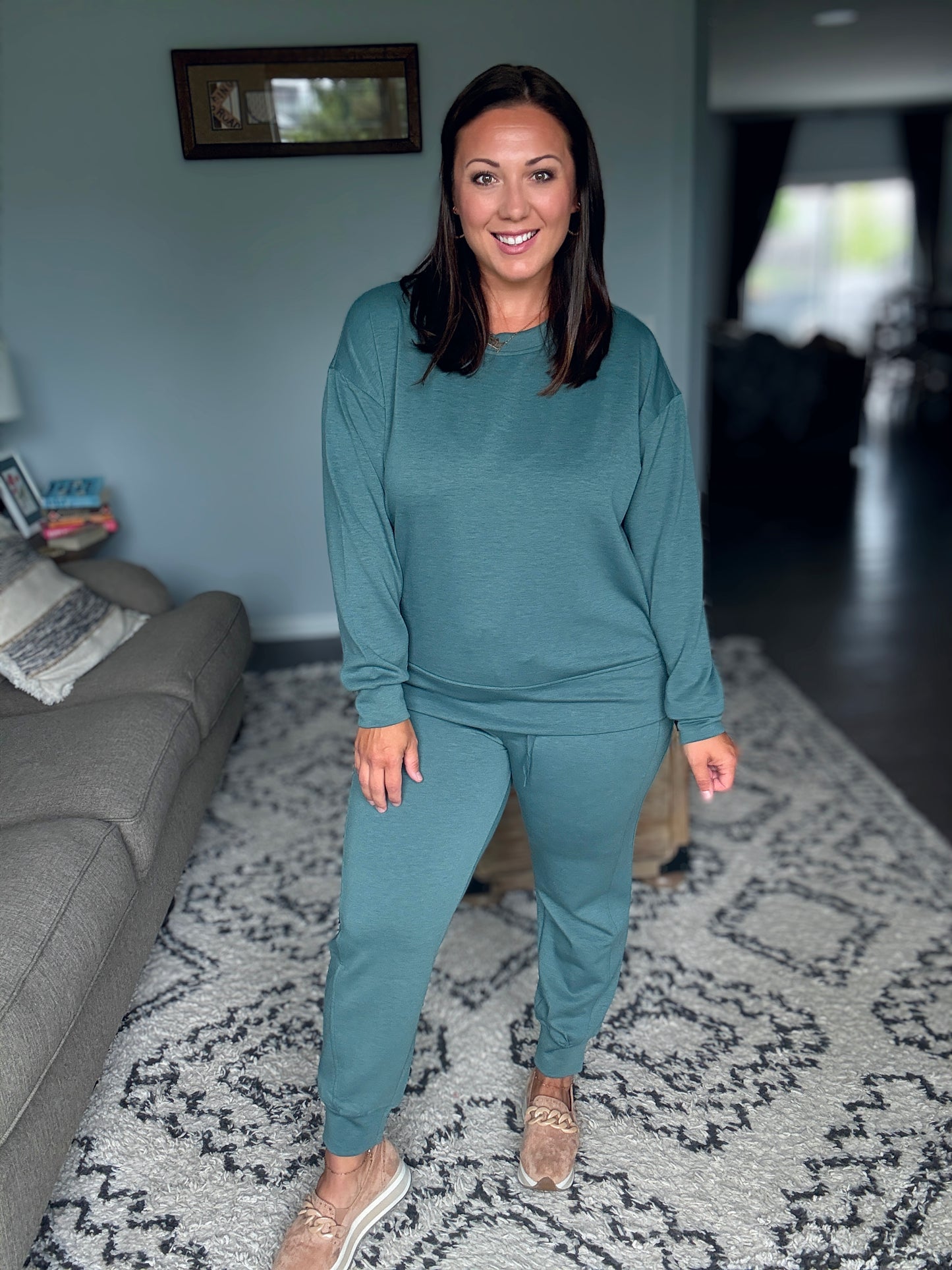 Zenana Scuba Crewneck 2 Piece Jogger and Pullover Set in Ash Jade