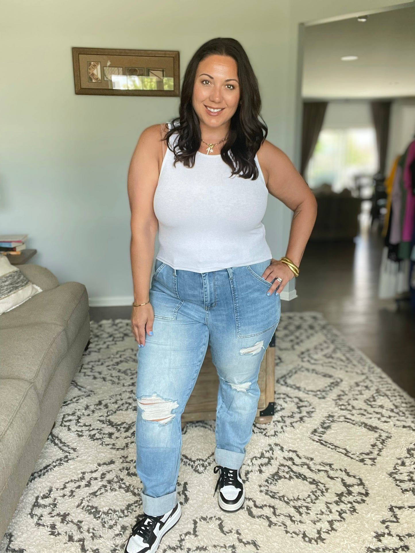 Aiden High Rise Patch Pocket Distressed Boyfriend Jeans (Tall/Long Friendly)